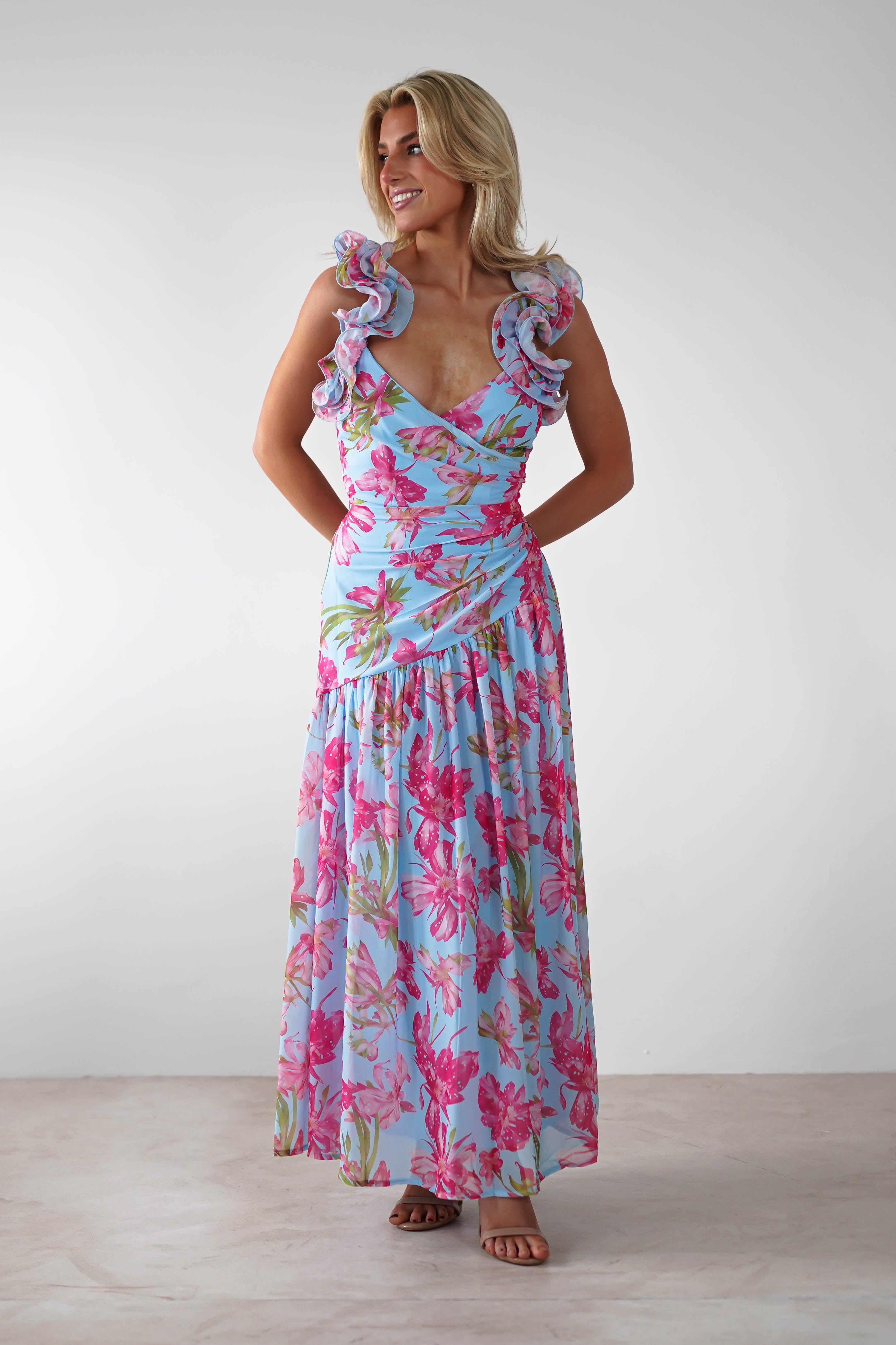Karmen Ruffle Floral Midaxi Dress | Blue/Pink - Oh Hello Clothing