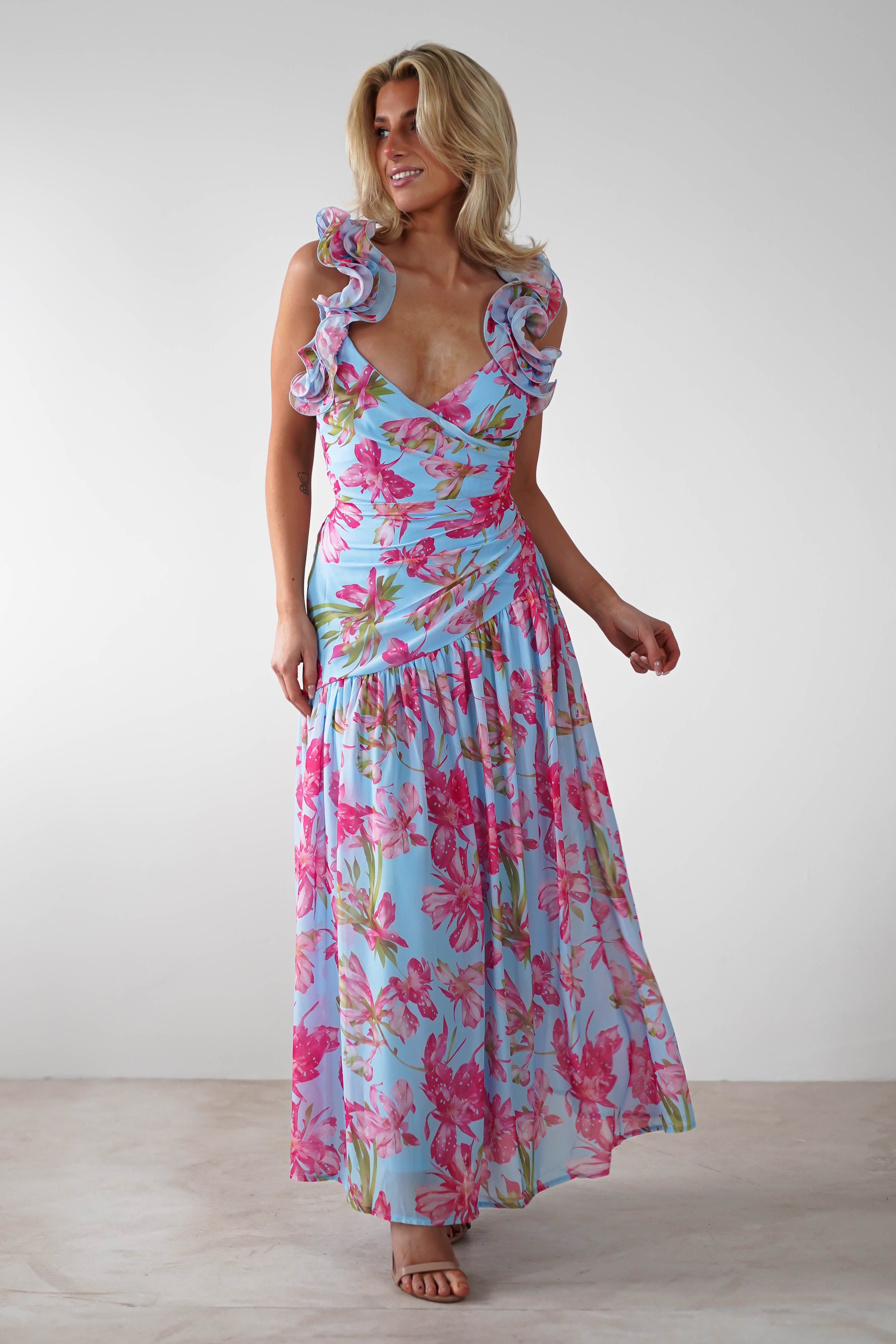 Karmen Ruffle Floral Midaxi Dress | Blue/Pink - Oh Hello Clothing