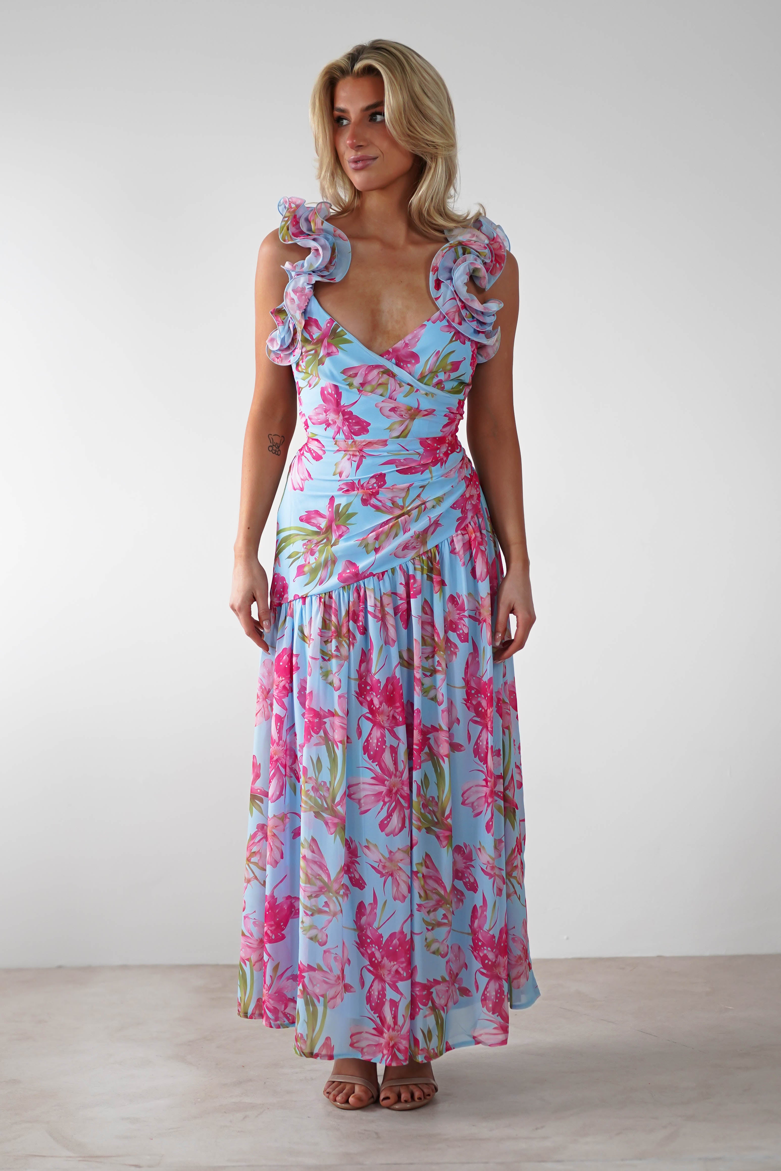 Karmen Ruffle Floral Midaxi Dress | Blue/Pink - Oh Hello Clothing