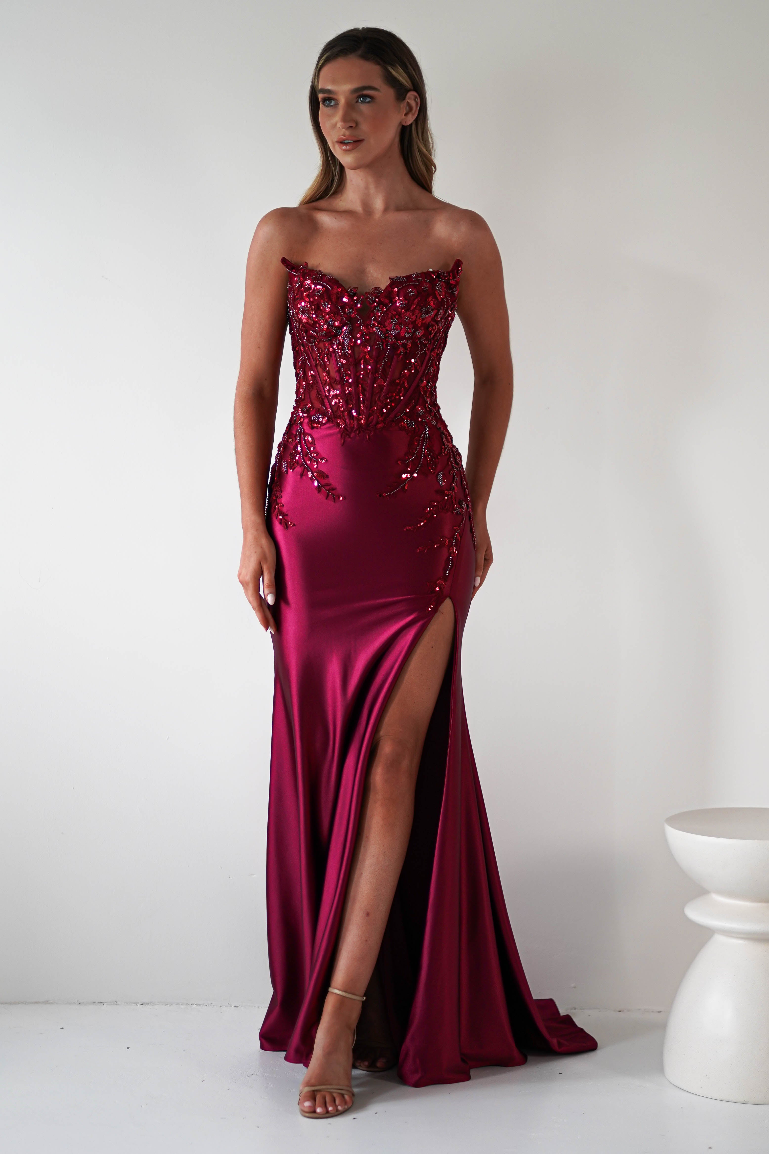 Dallas Luxe Embellished Gown | Dark Wine | Oh Hello Clothing | XS (6)