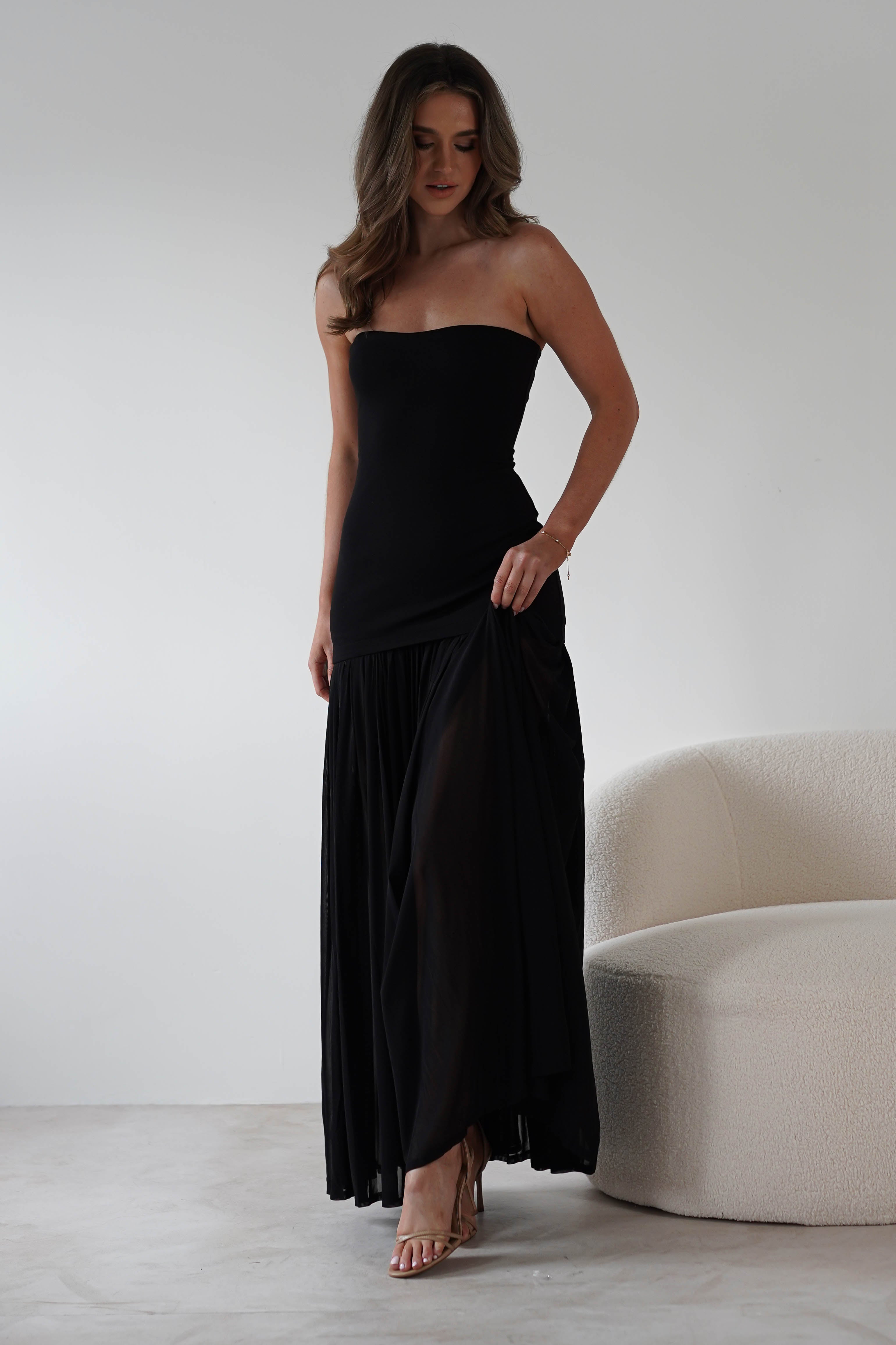 Mel Strapless Chiffon Skirt Maxi Dress | Black | Oh Hello Clothing | S (8)