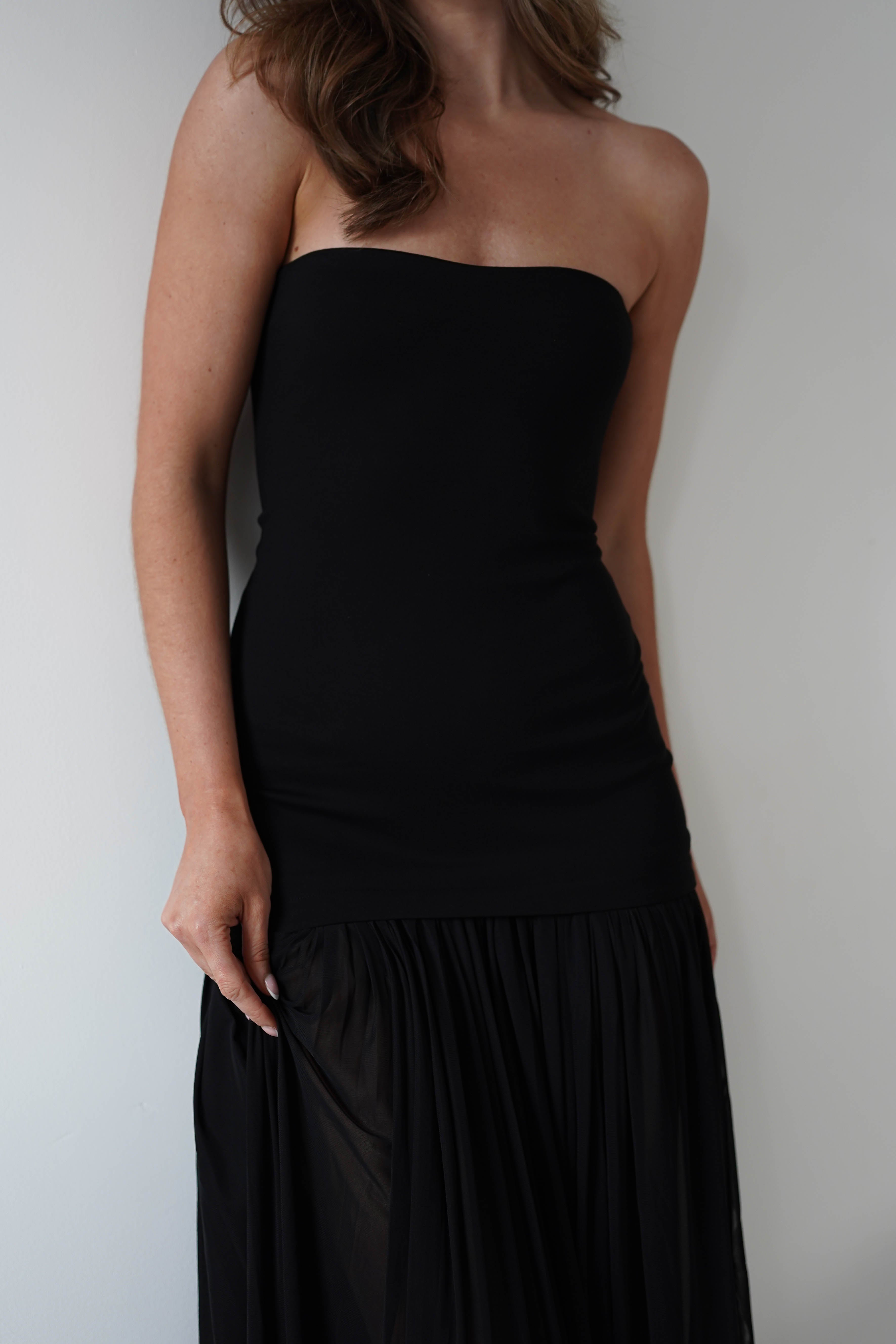 Mel Strapless Chiffon Skirt Maxi Dress | Black | Oh Hello Clothing | S (8)