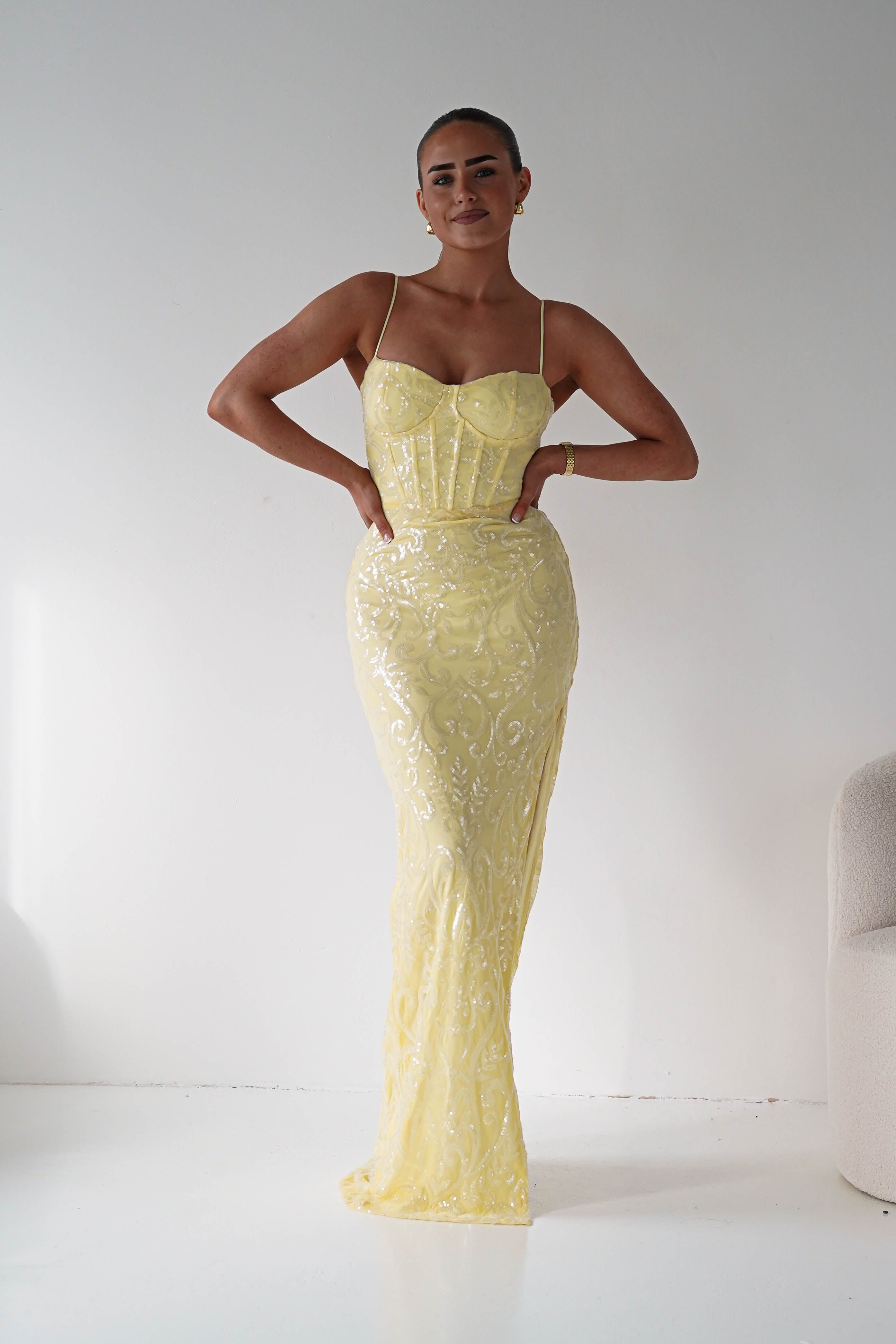 Oh Hello Clothing Women > Clothing > Dresses 1*DONE -LOVESOME- CD30508-YELLOW SEQUIN GOWN