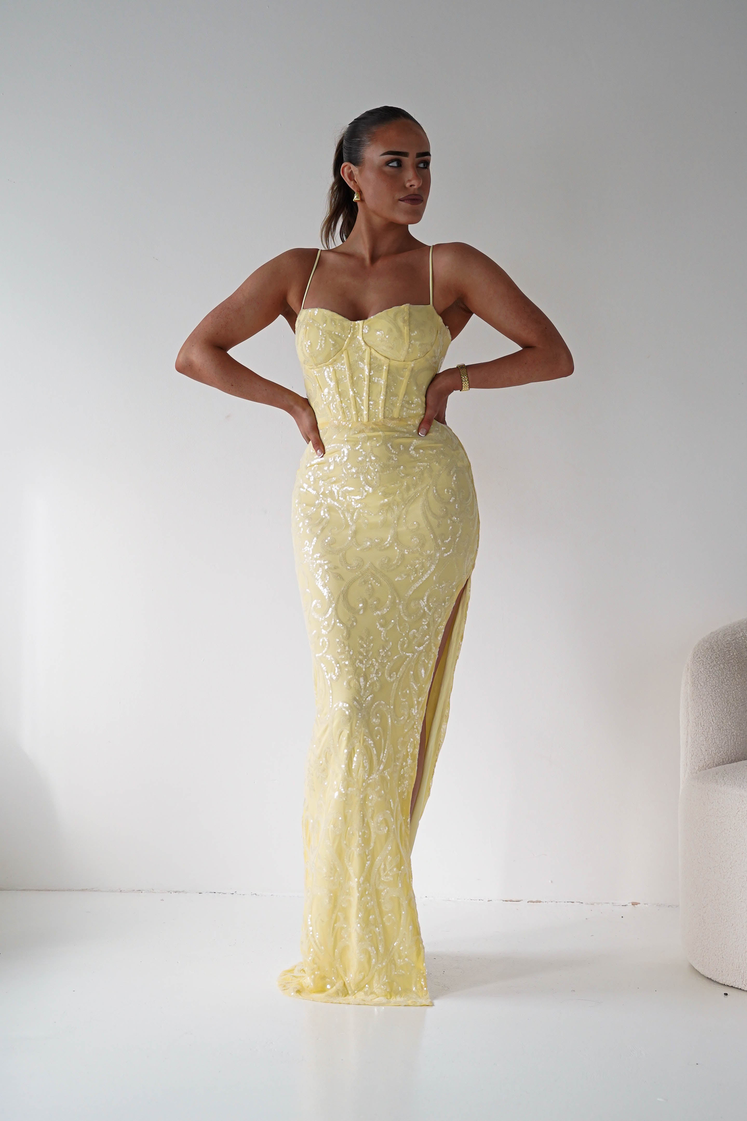 Oh Hello Clothing Women > Clothing > Dresses 1*DONE -LOVESOME- CD30508-YELLOW SEQUIN GOWN