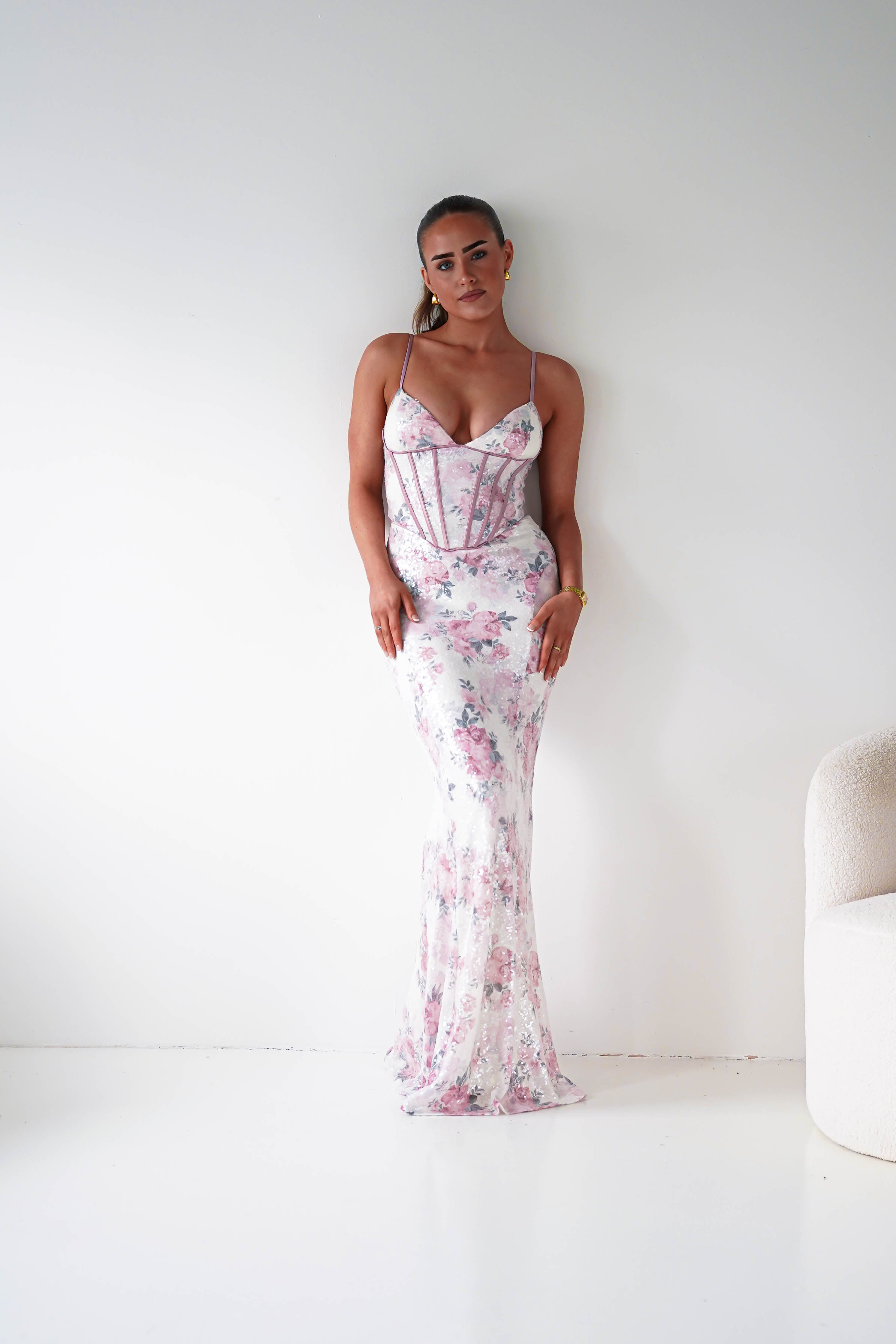 Oh Hello Clothing Women > Clothing > Dresses 1*DONE -LOVESOME- CD30898- Pink Floral Corset Maxi Dress with Lace-Up Back