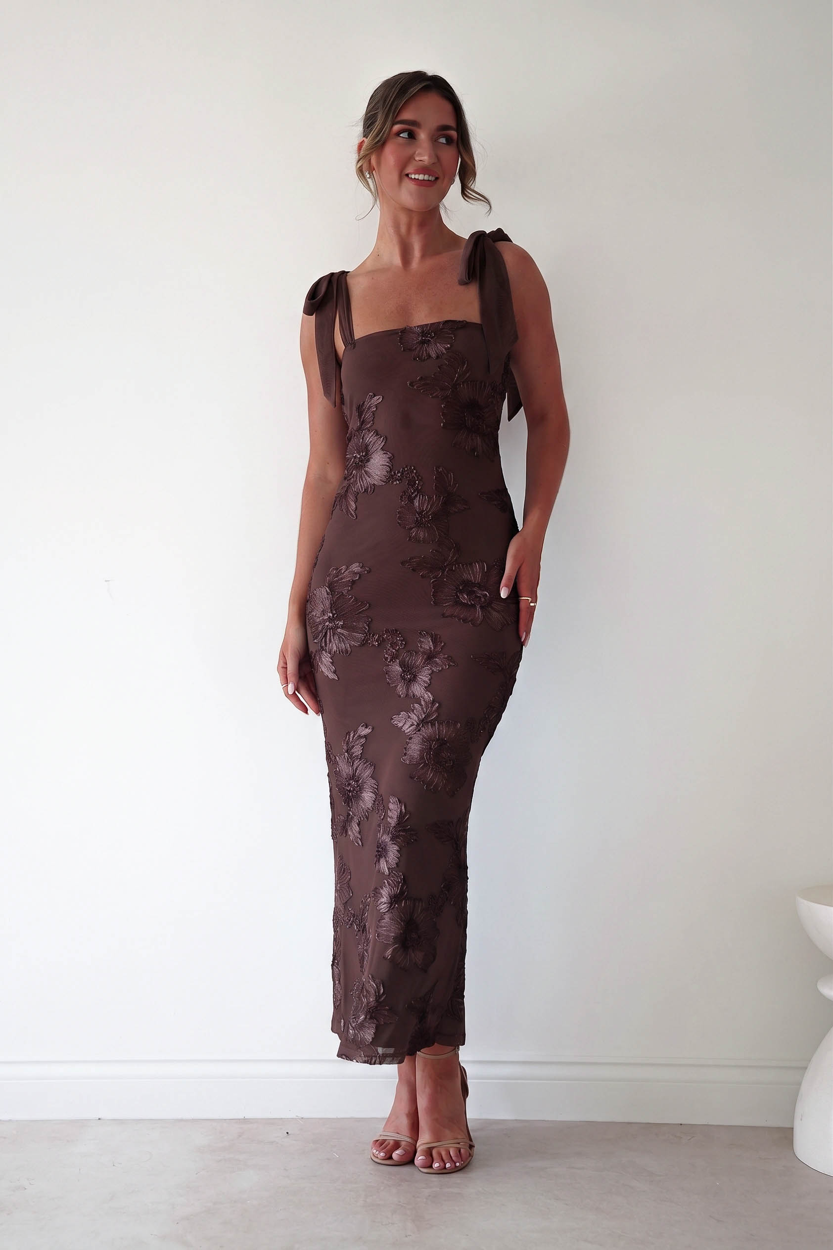Oh Hello Clothing Women > Clothing > Dresses 1*DONE-Mahalia Floral Appliqué Maxi Dress | Brown Copy)