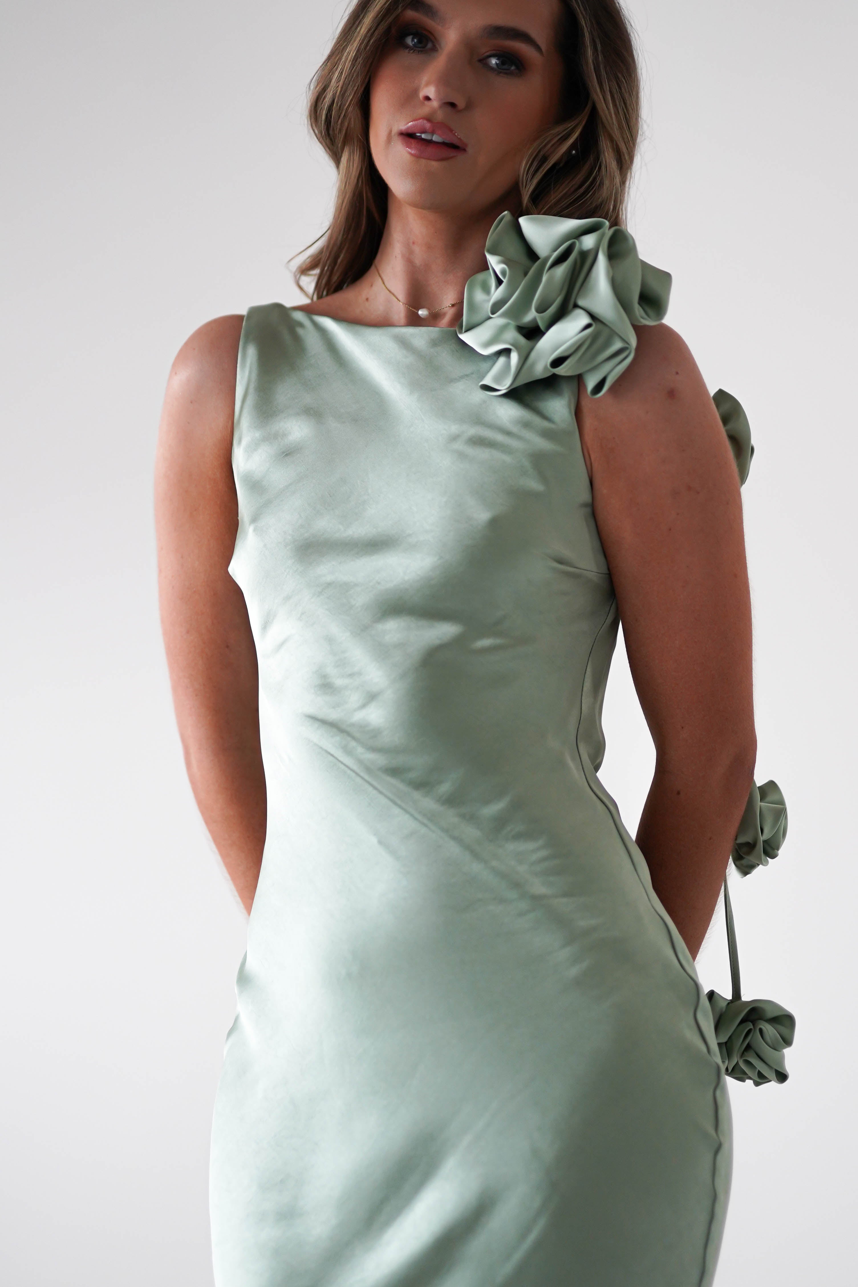 Karley Soft Satin Maxi Dress | Sage Green - Oh Hello Clothing