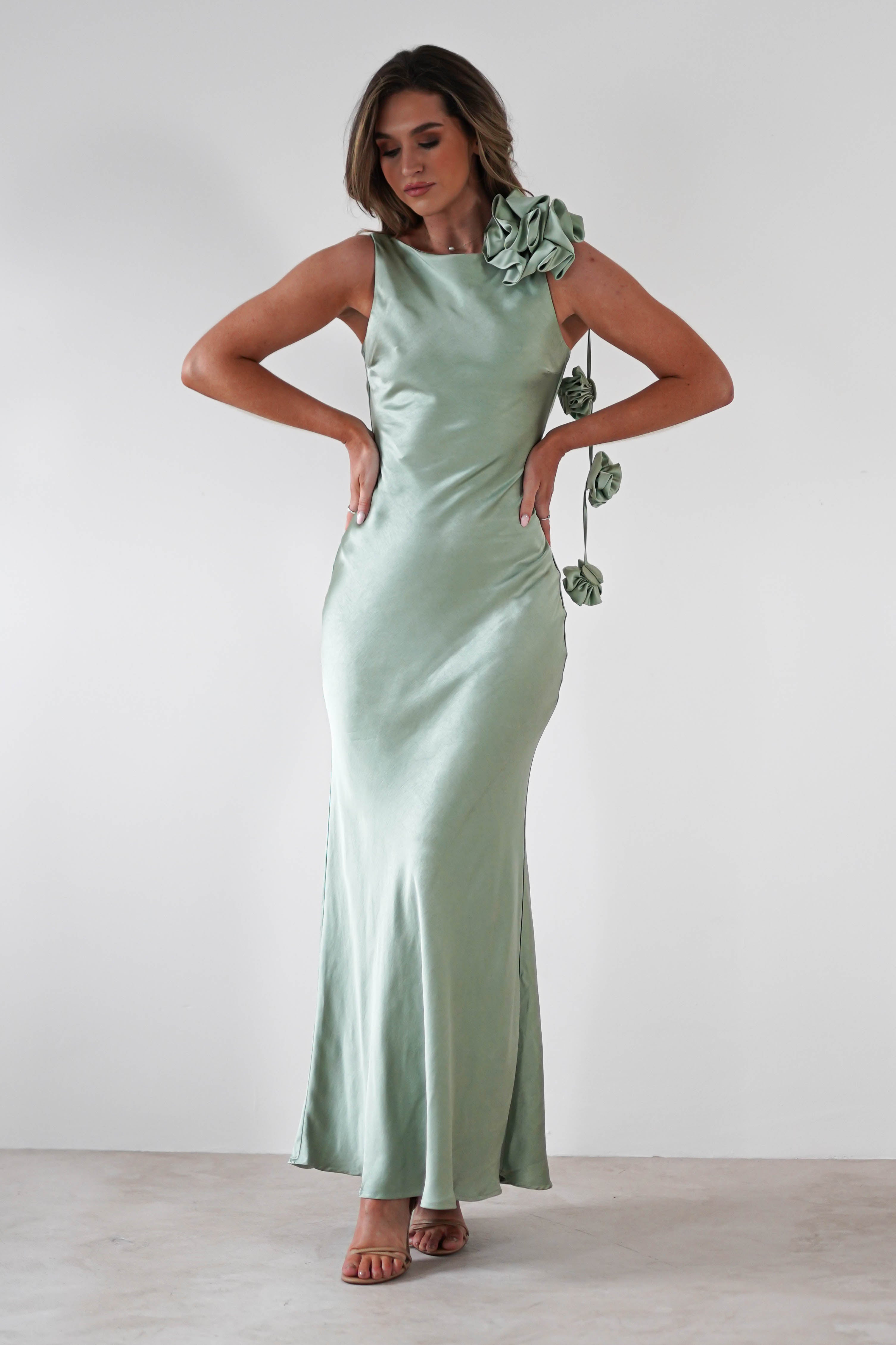 Karley Soft Satin Maxi Dress | Sage Green - Oh Hello Clothing