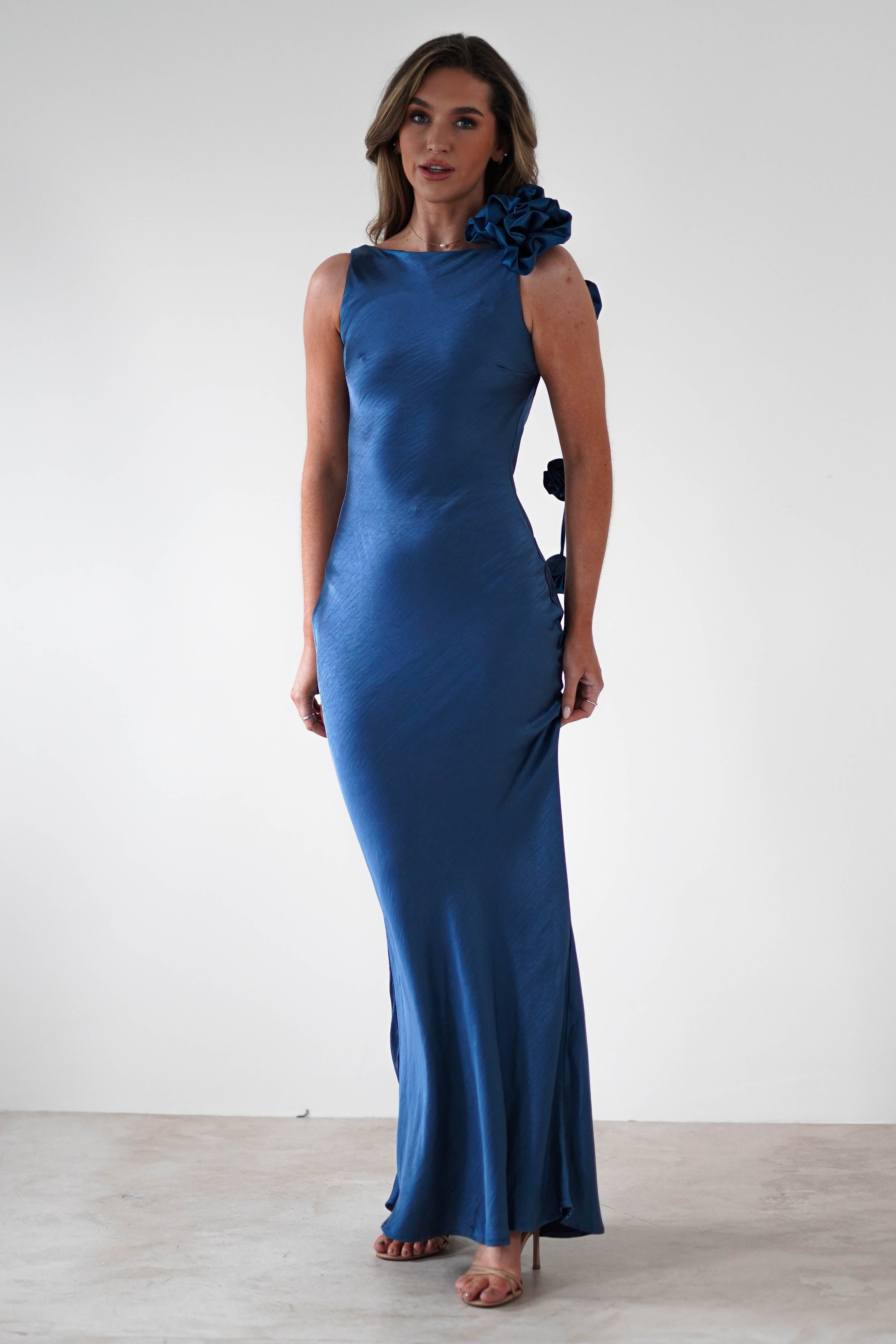 Karley Soft Satin Maxi Dress | Slate Blue - Oh Hello Clothing