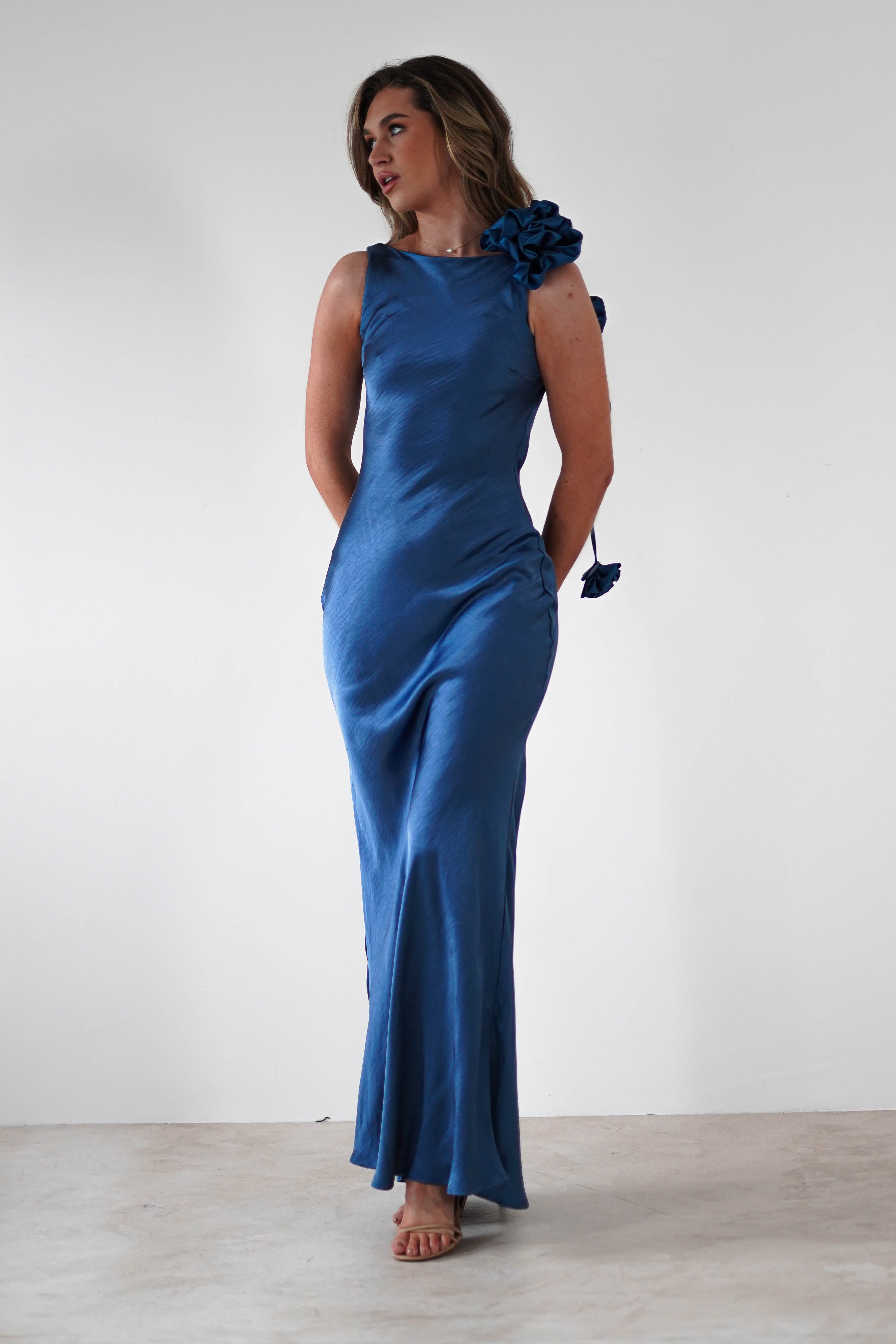 Karley Soft Satin Maxi Dress | Slate Blue - Oh Hello Clothing