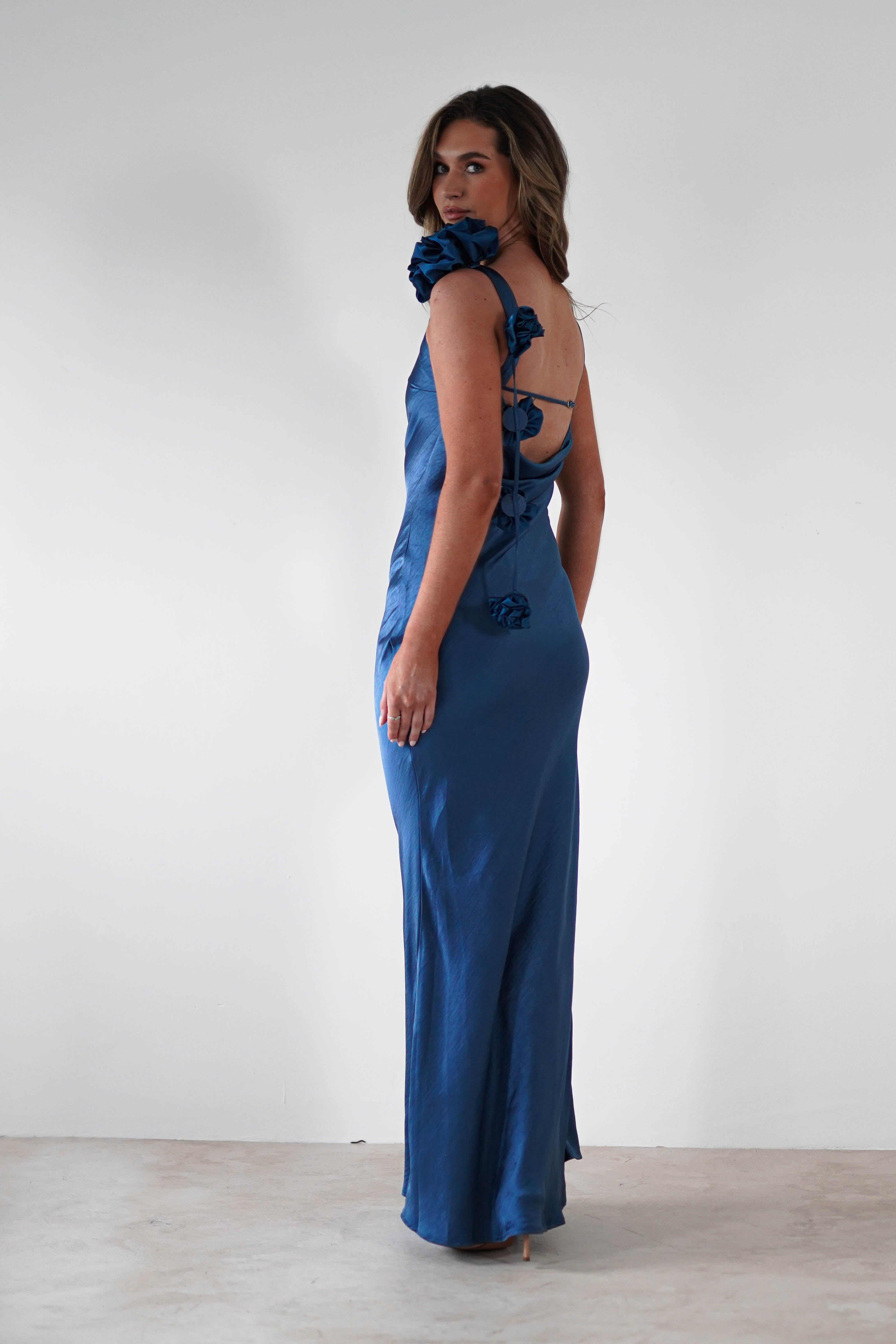 Karley Soft Satin Maxi Dress | Slate Blue - Oh Hello Clothing