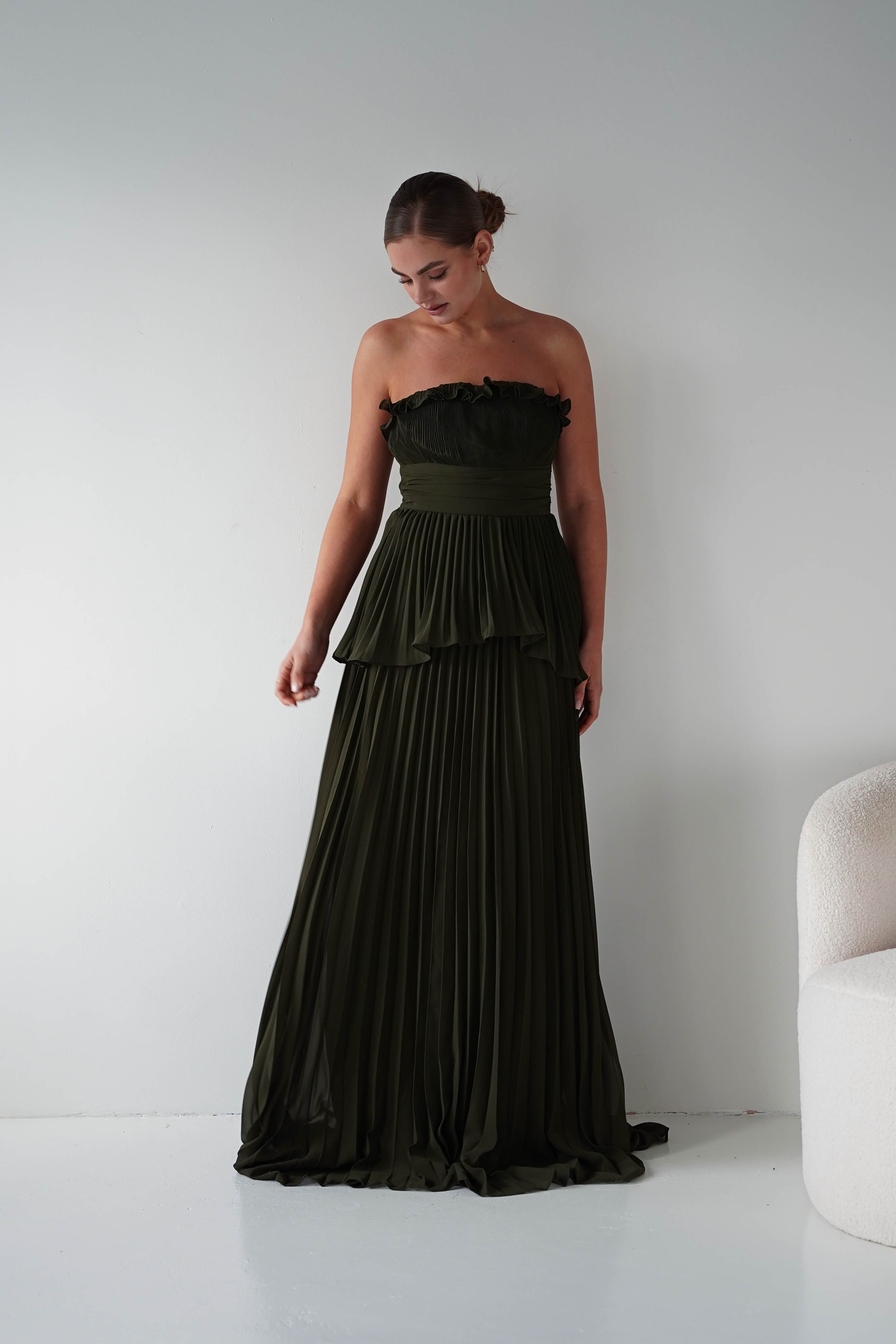 Oh Hello Clothing Women > Clothing > Dresses 1*DONE - MANIJU- MF23064-Green Strapless Pleated Maxi Dress