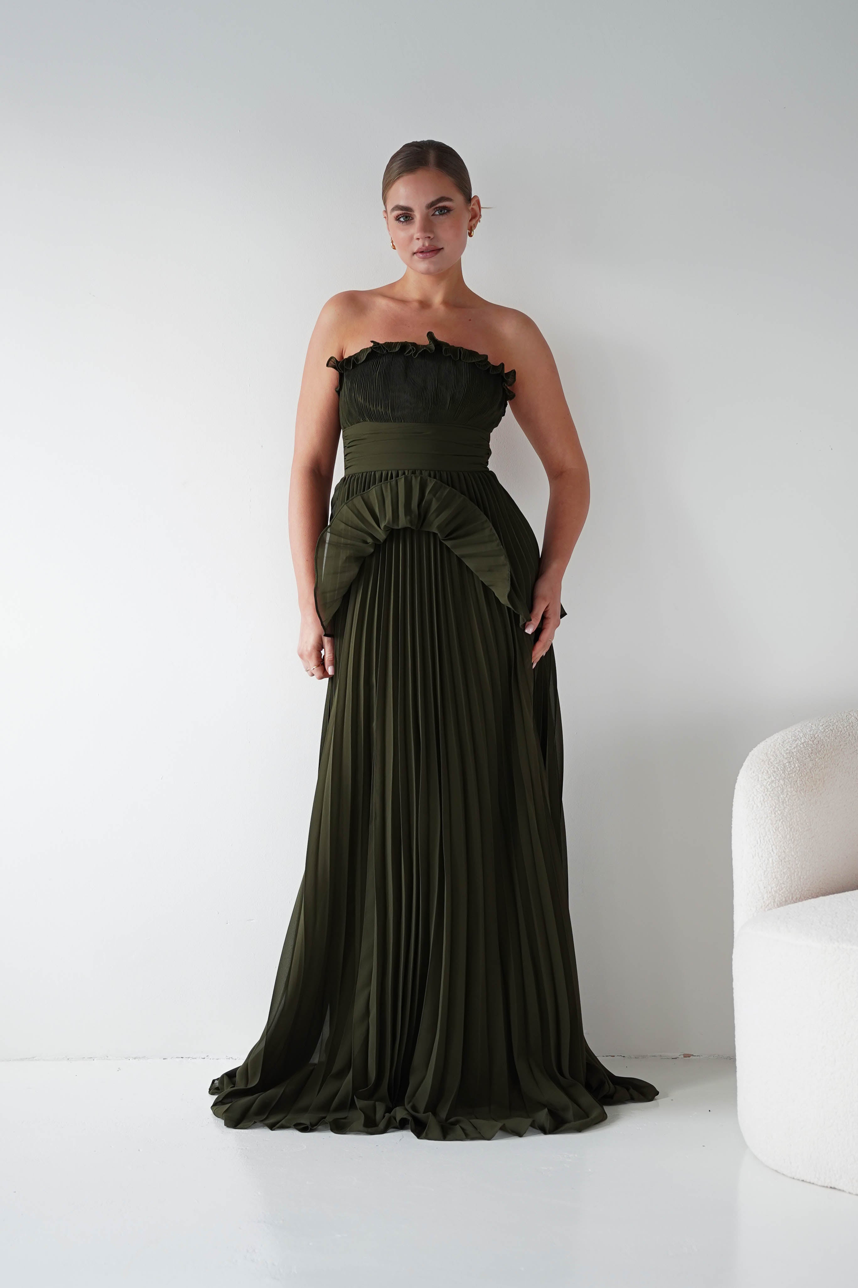 Oh Hello Clothing Women > Clothing > Dresses 1*DONE - MANIJU- MF23064-Green Strapless Pleated Maxi Dress