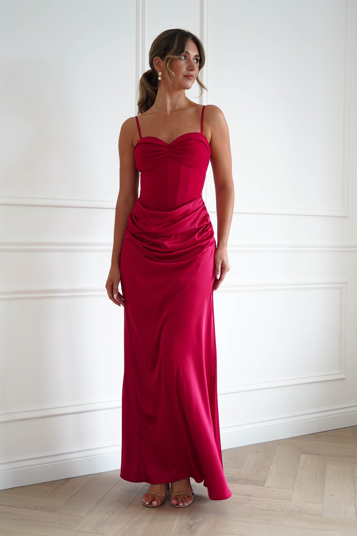 Oh Hello Clothing Women > Clothing > Dresses 1*DONE-MANIJU-MF23222-Red Satin Corset Draped Maxi Dress