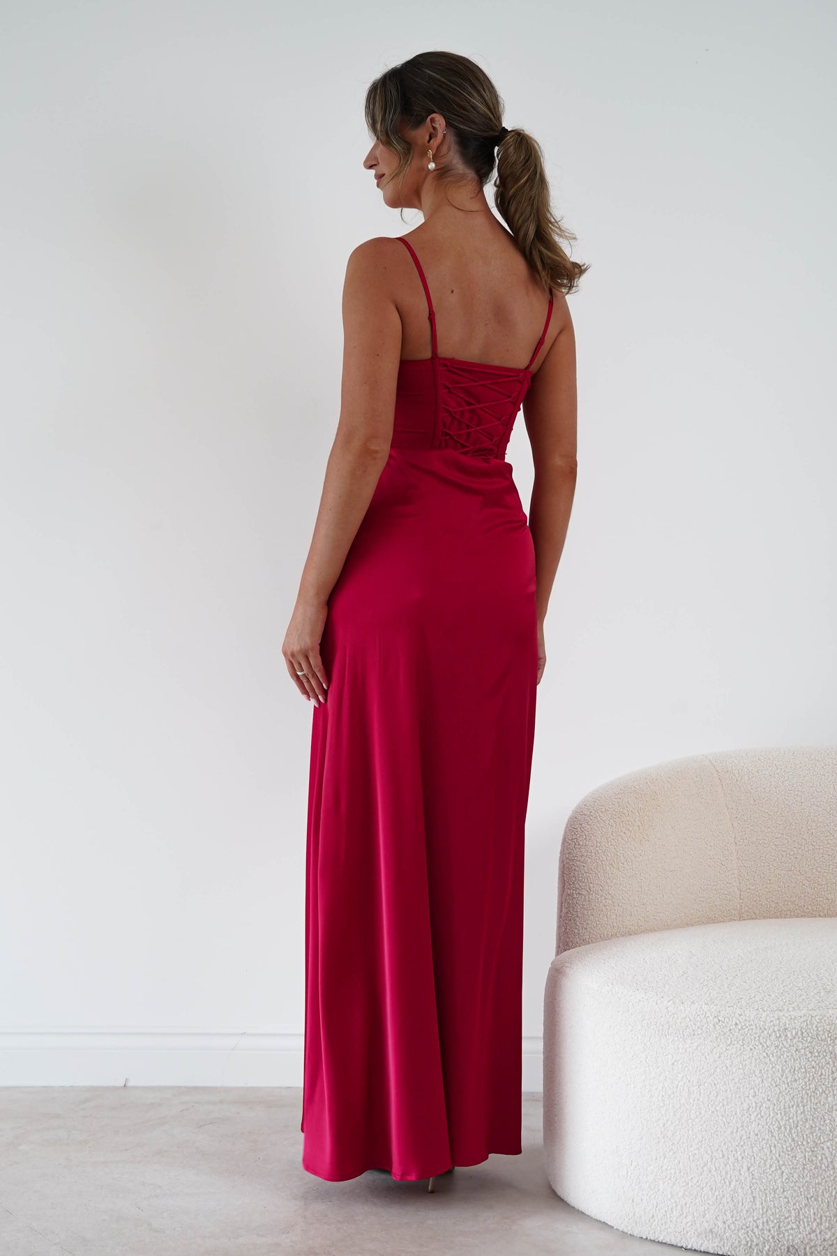 Oh Hello Clothing Women > Clothing > Dresses 1*DONE-MANIJU-MF23222-Red Satin Corset Draped Maxi Dress