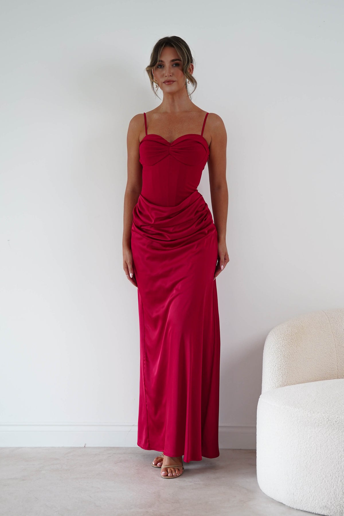 Oh Hello Clothing Women > Clothing > Dresses 1*DONE-MANIJU-MF23222-Red Satin Corset Draped Maxi Dress
