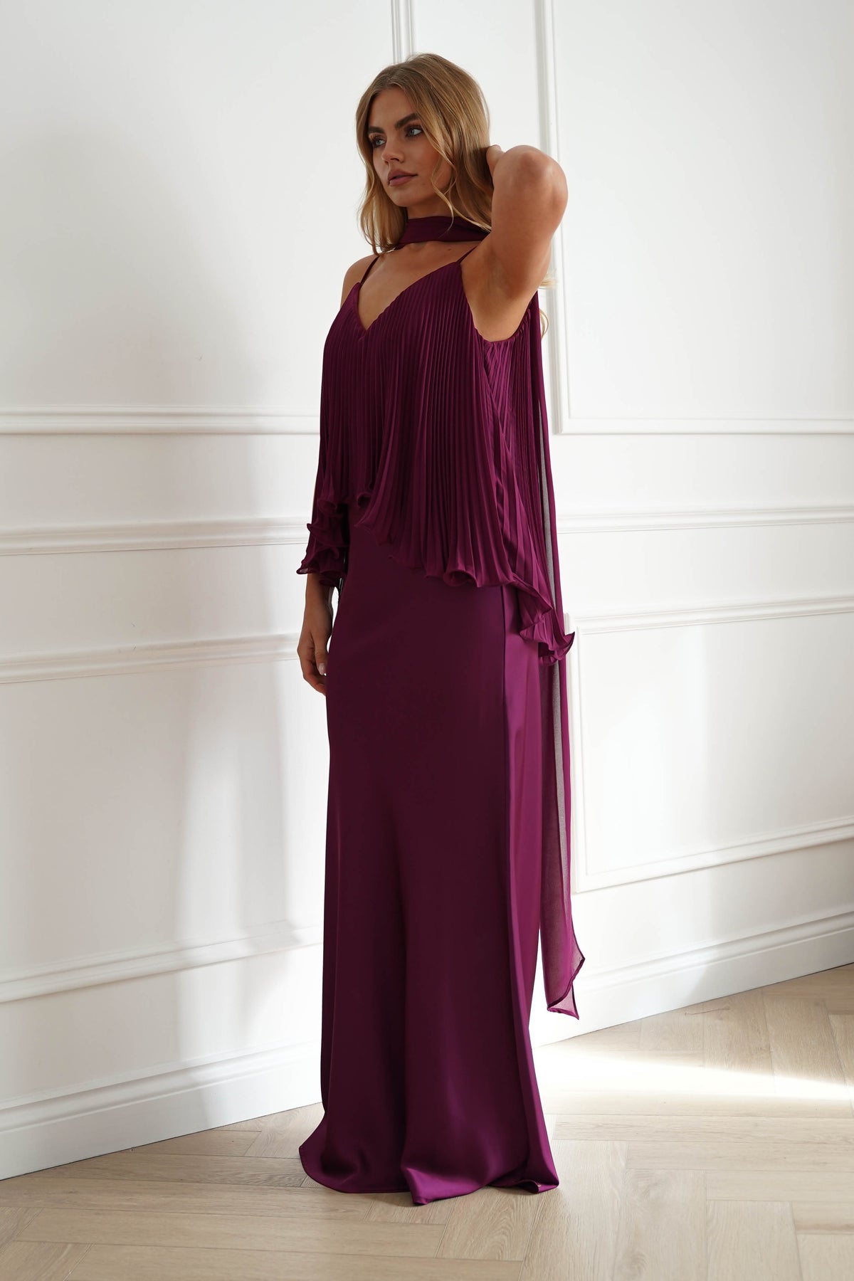 Oh Hello Clothing Women > Clothing > Dresses 1*DONE-MANIJU-MF23347-Plum Pleated Overlay Maxi Dress