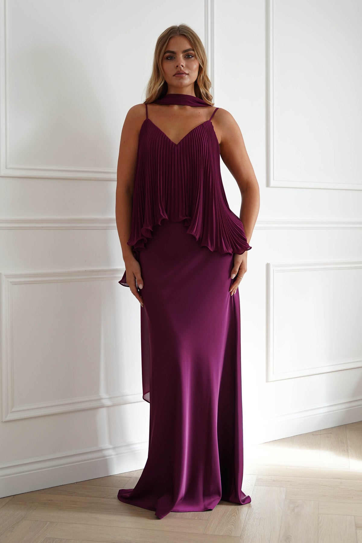 Oh Hello Clothing Women > Clothing > Dresses 1*DONE-MANIJU-MF23347-Plum Pleated Overlay Maxi Dress