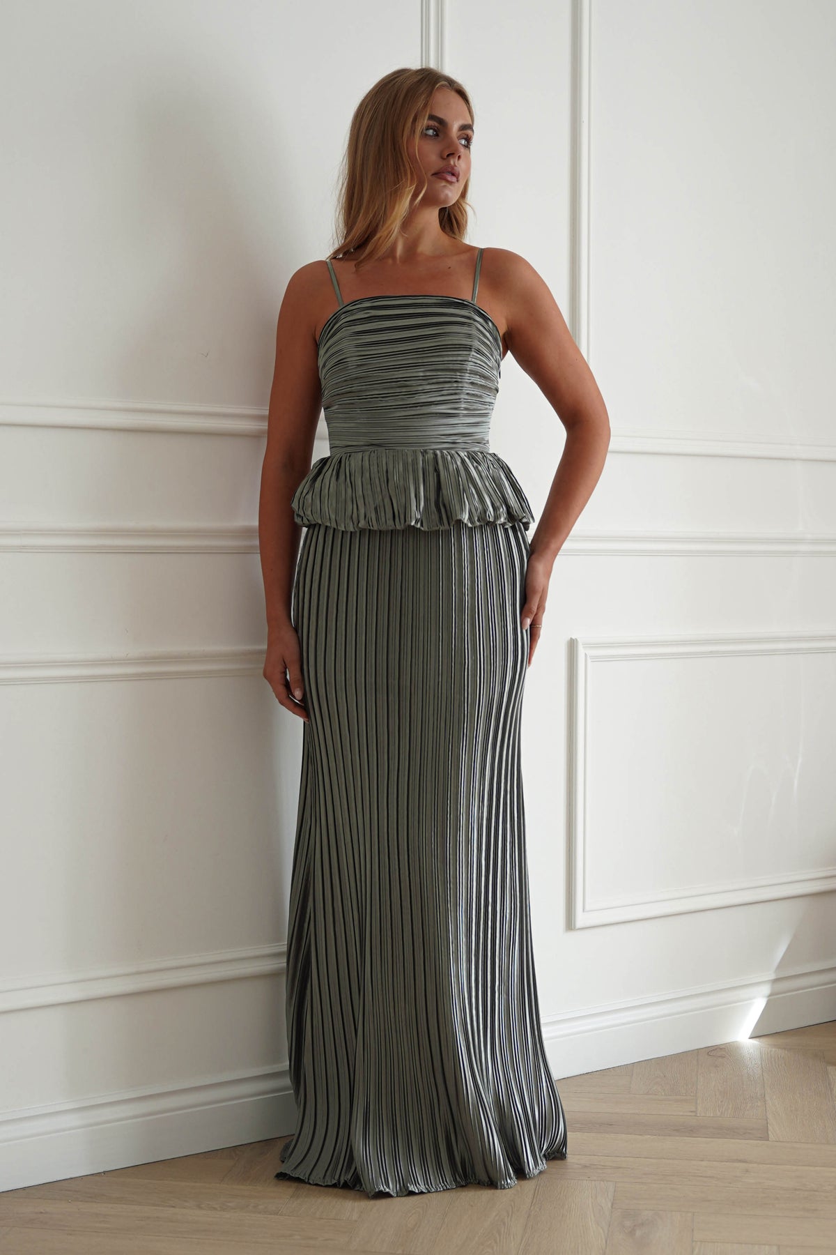 Oh Hello Clothing Women > Clothing > Dresses 1*DONE-MANIJU-MF23390-Sage Pleated Peplum Maxi Dress