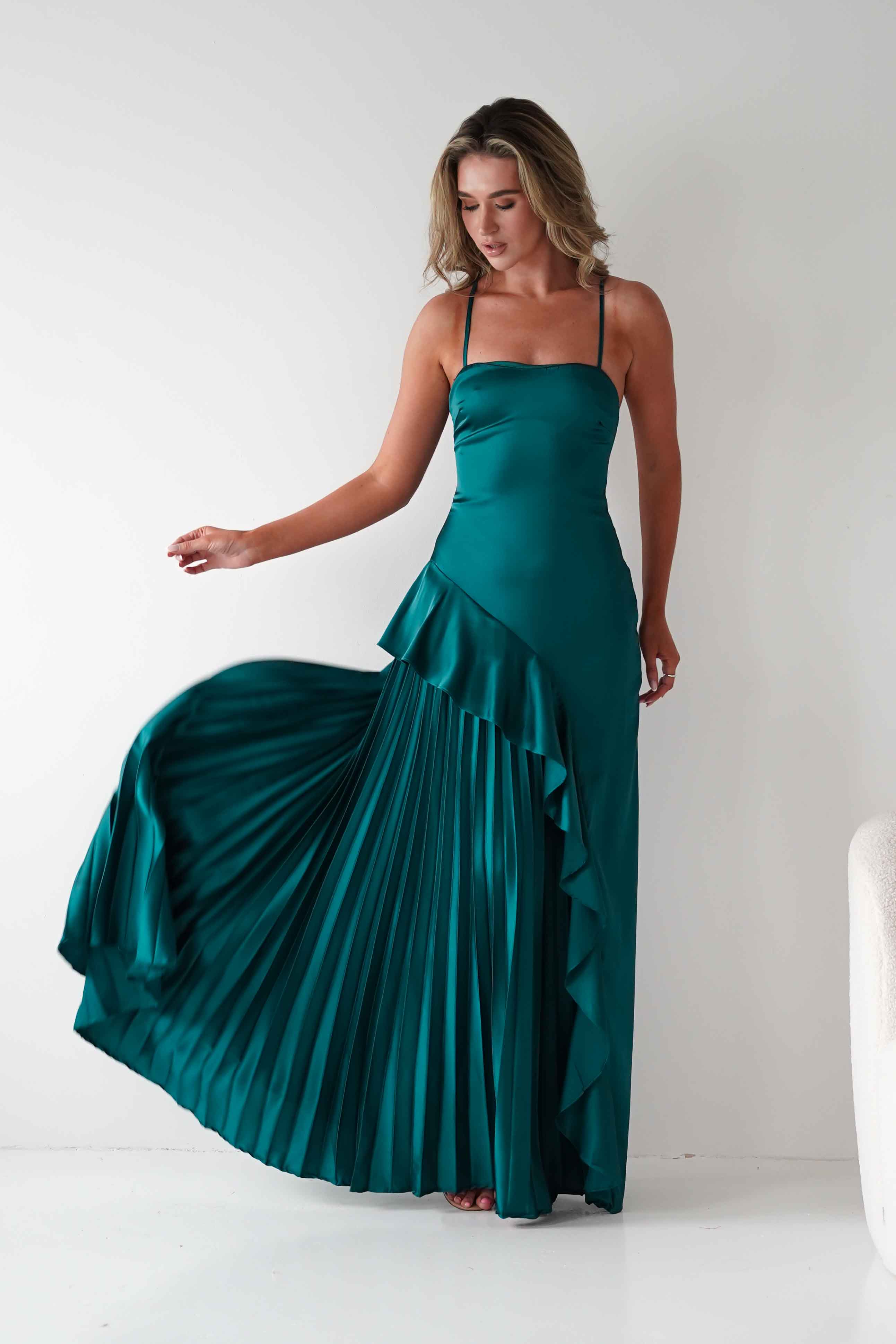 MANIJU Dresses 1*DONE - MANIJU- MF25031-EMERALD dress with Thin Strap & Lace-Up Back