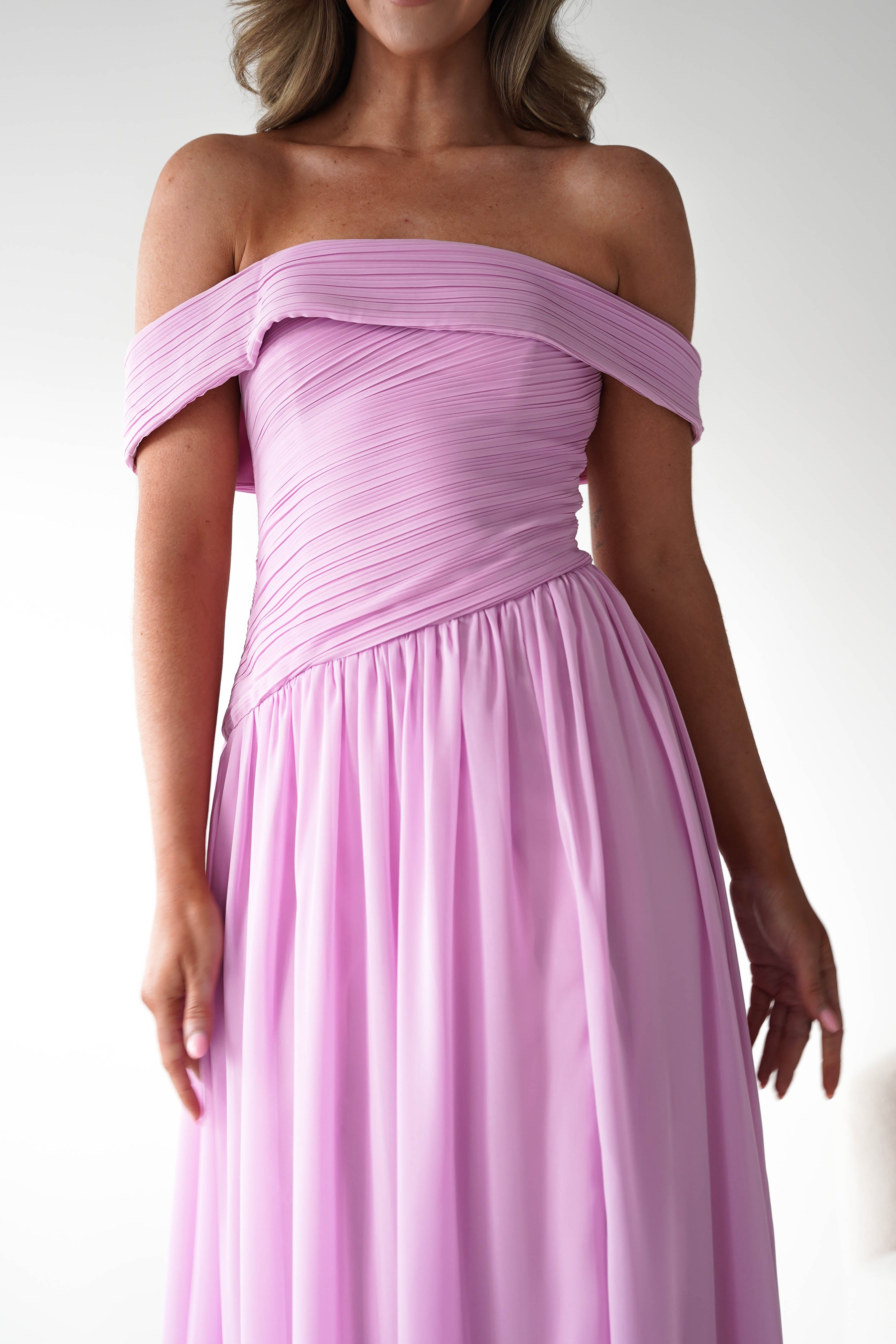 Oh Hello Clothing Women > Clothing > Dresses 1*DONE - MANIJU-MF25145-Pink Pleated Off-Shoulder Maxi Dress