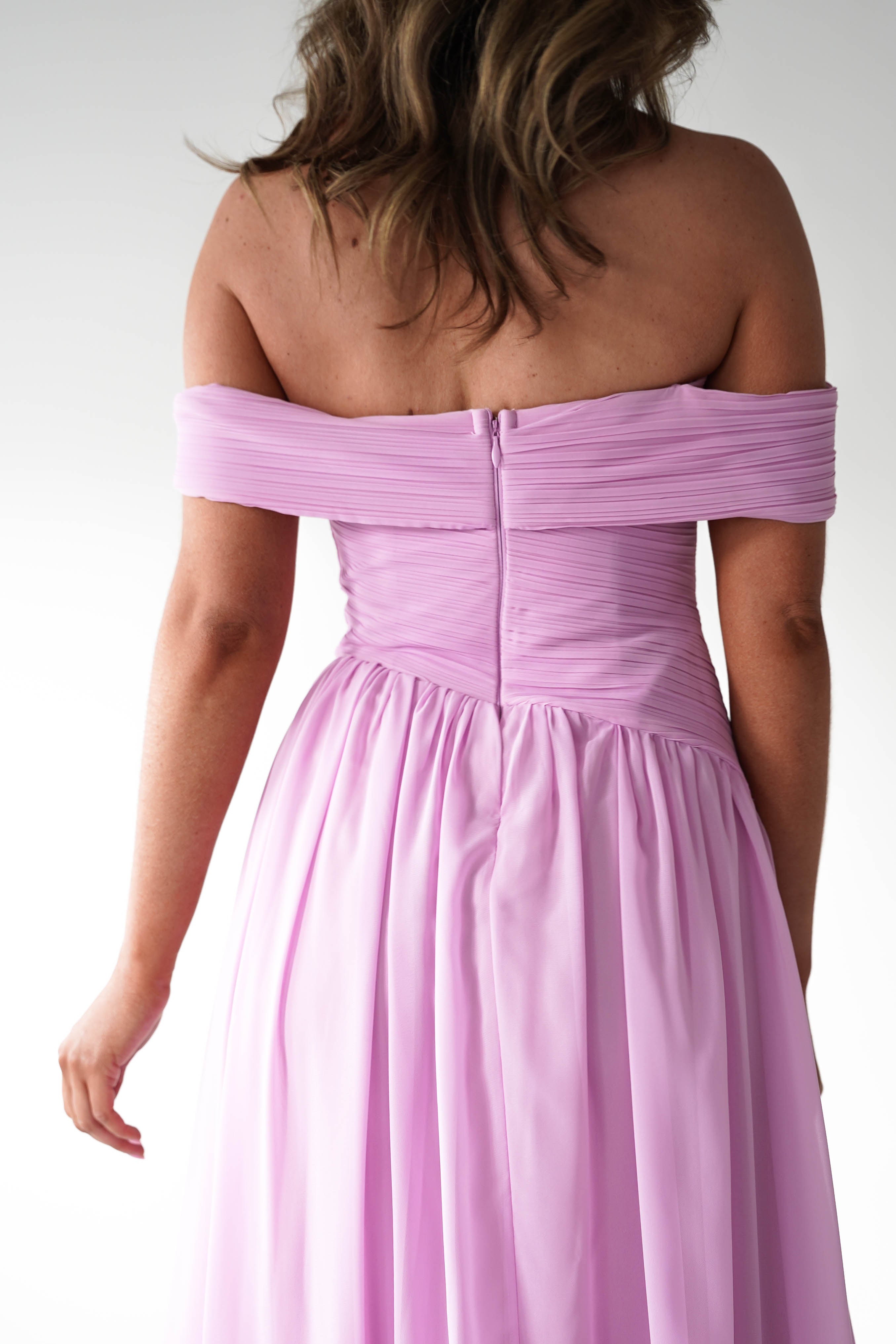 Oh Hello Clothing Women > Clothing > Dresses 1*DONE - MANIJU-MF25145-Pink Pleated Off-Shoulder Maxi Dress