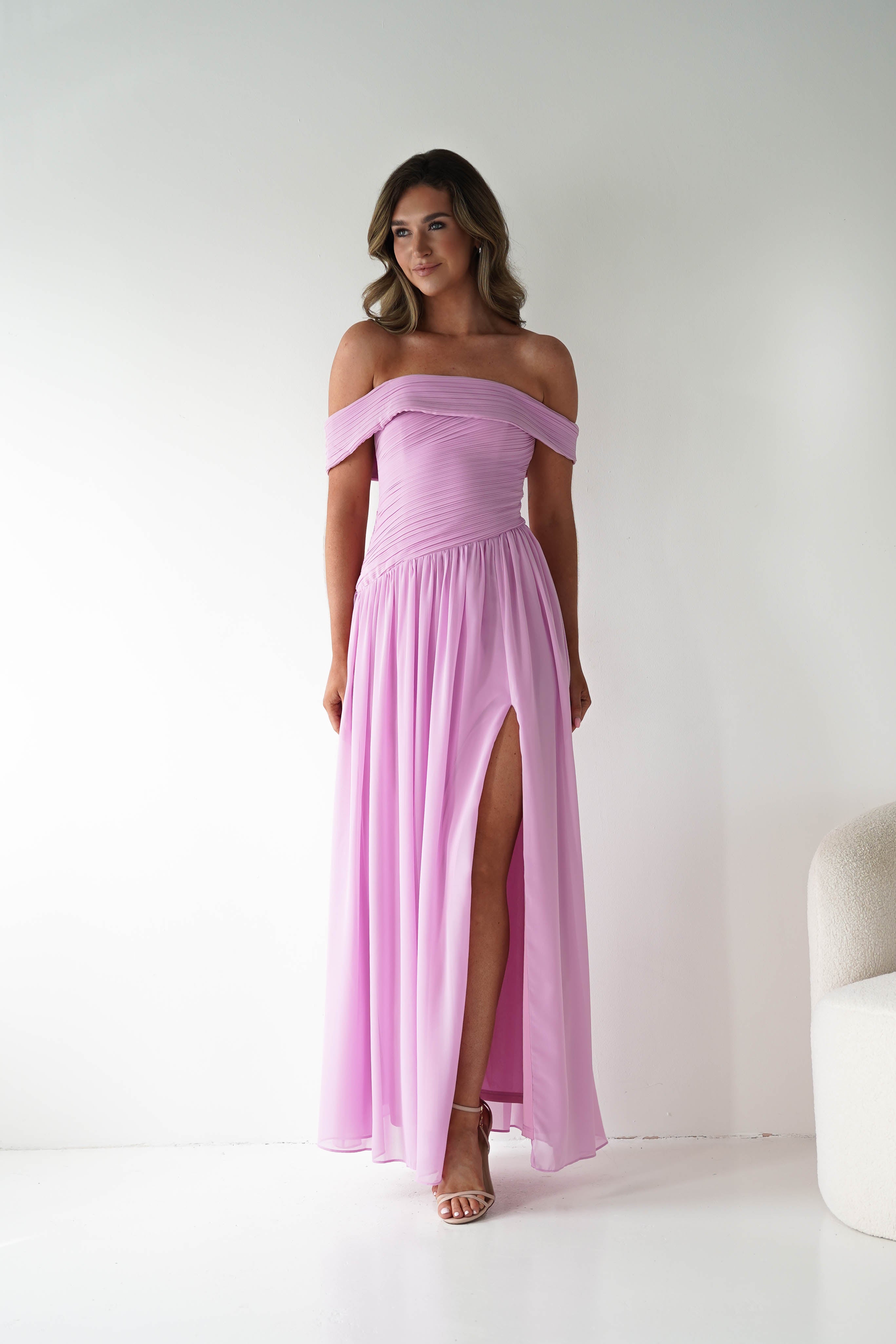 Oh Hello Clothing Women > Clothing > Dresses 1*DONE - MANIJU-MF25145-Pink Pleated Off-Shoulder Maxi Dress