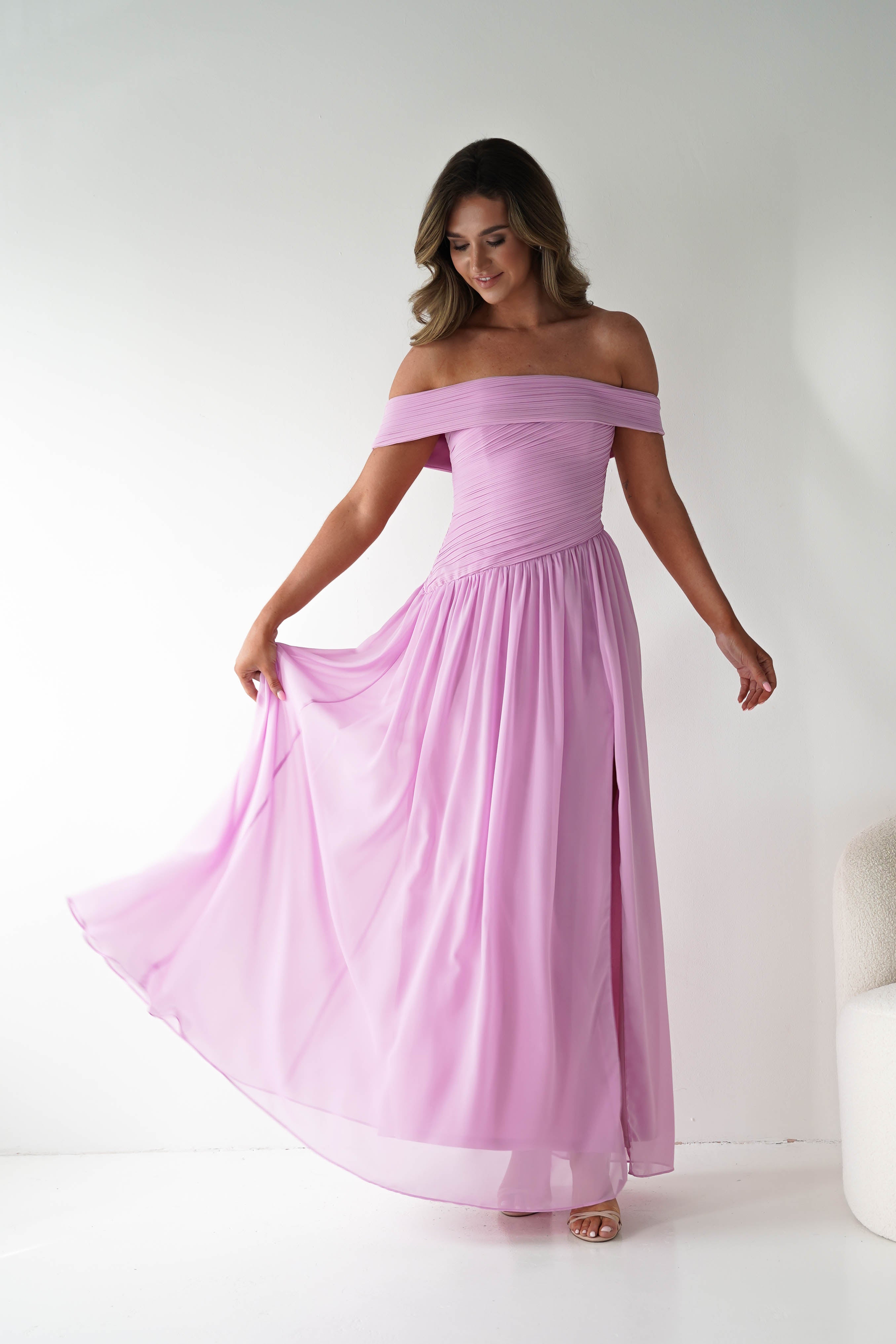 Oh Hello Clothing Women > Clothing > Dresses 1*DONE - MANIJU-MF25145-Pink Pleated Off-Shoulder Maxi Dress