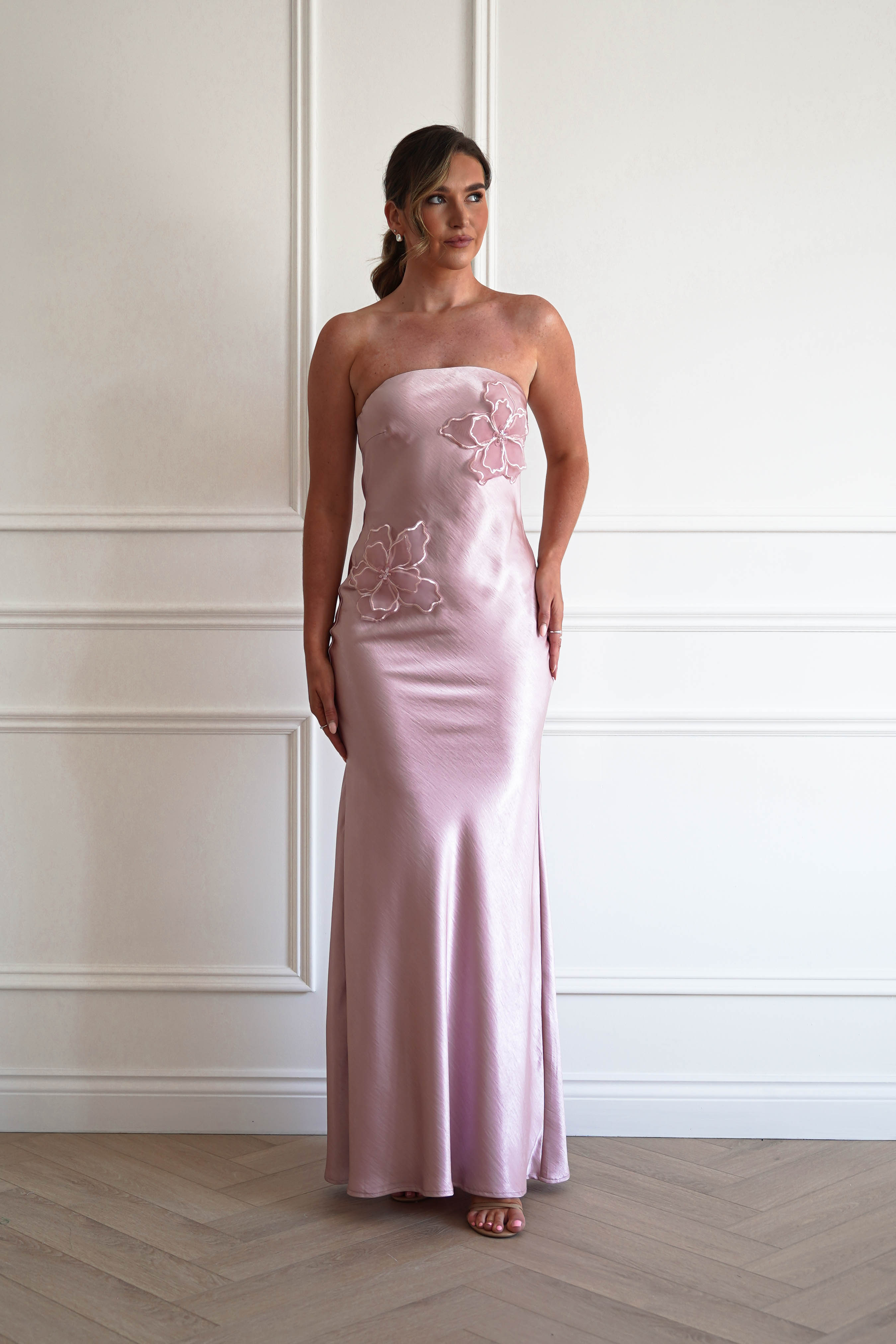 Oh Hello Clothing Women > Clothing > Dresses 1*DONE - MANIJU-MM24562-PINK Floral Appliqué Satin Maxi Dress