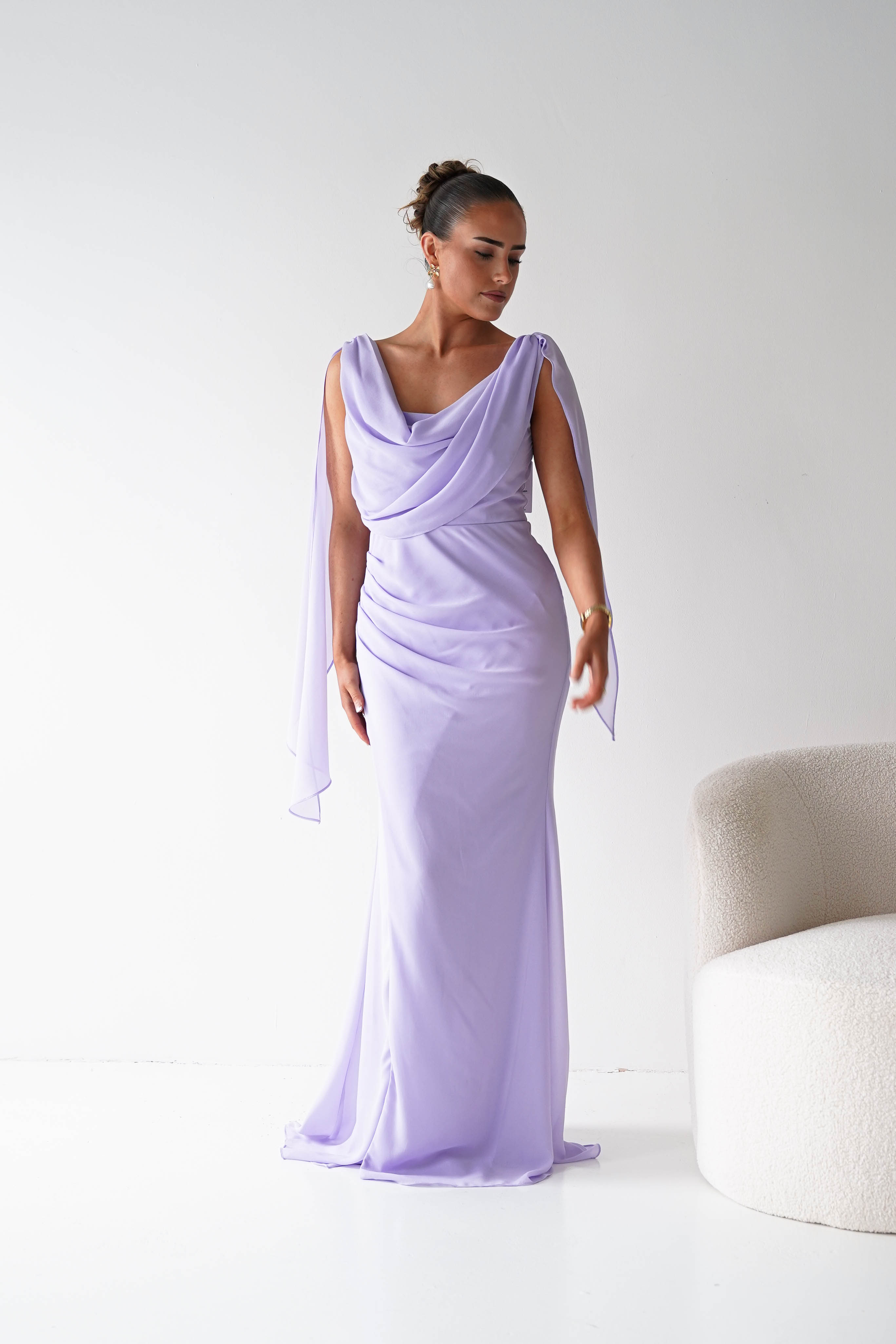 Oh Hello Clothing Women > Clothing > Dresses 1*DONE - MANIJU- MM2964- Lavender Chiffon Draped Maxi Dress
