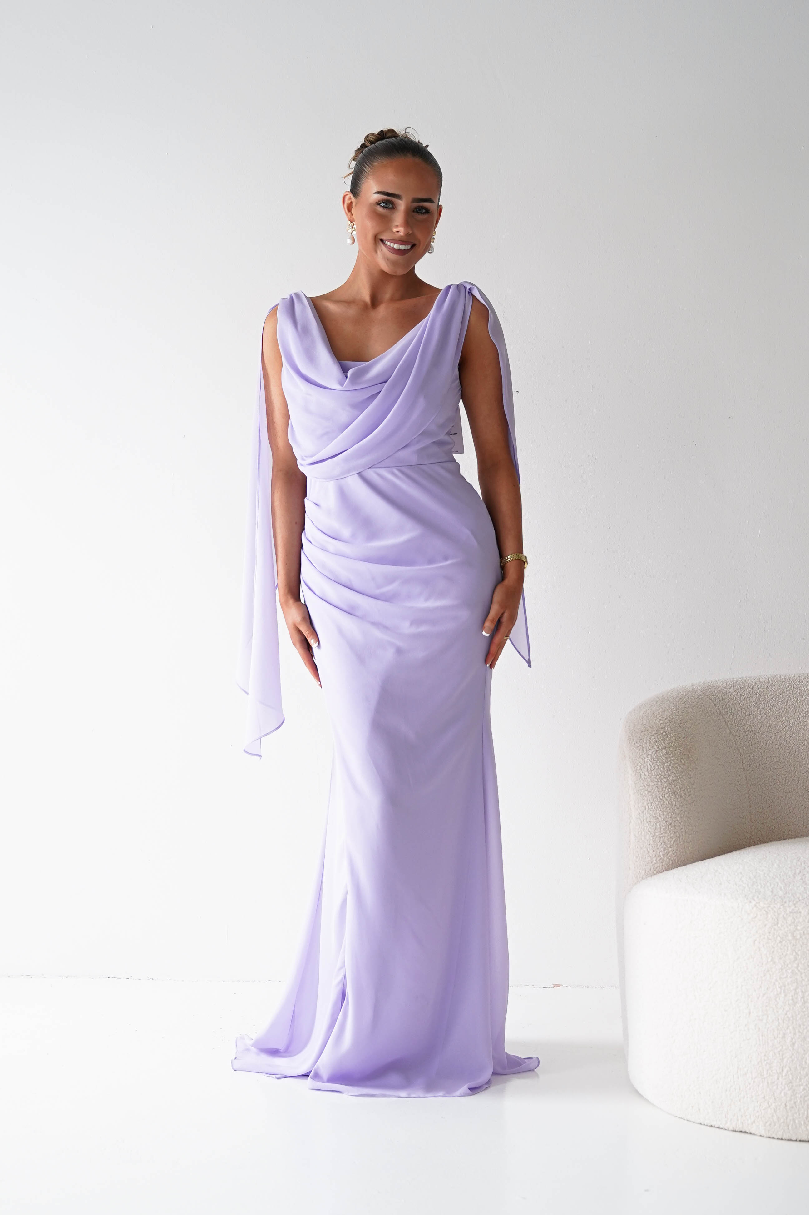 Oh Hello Clothing Women > Clothing > Dresses 1*DONE - MANIJU- MM2964- Lavender Chiffon Draped Maxi Dress