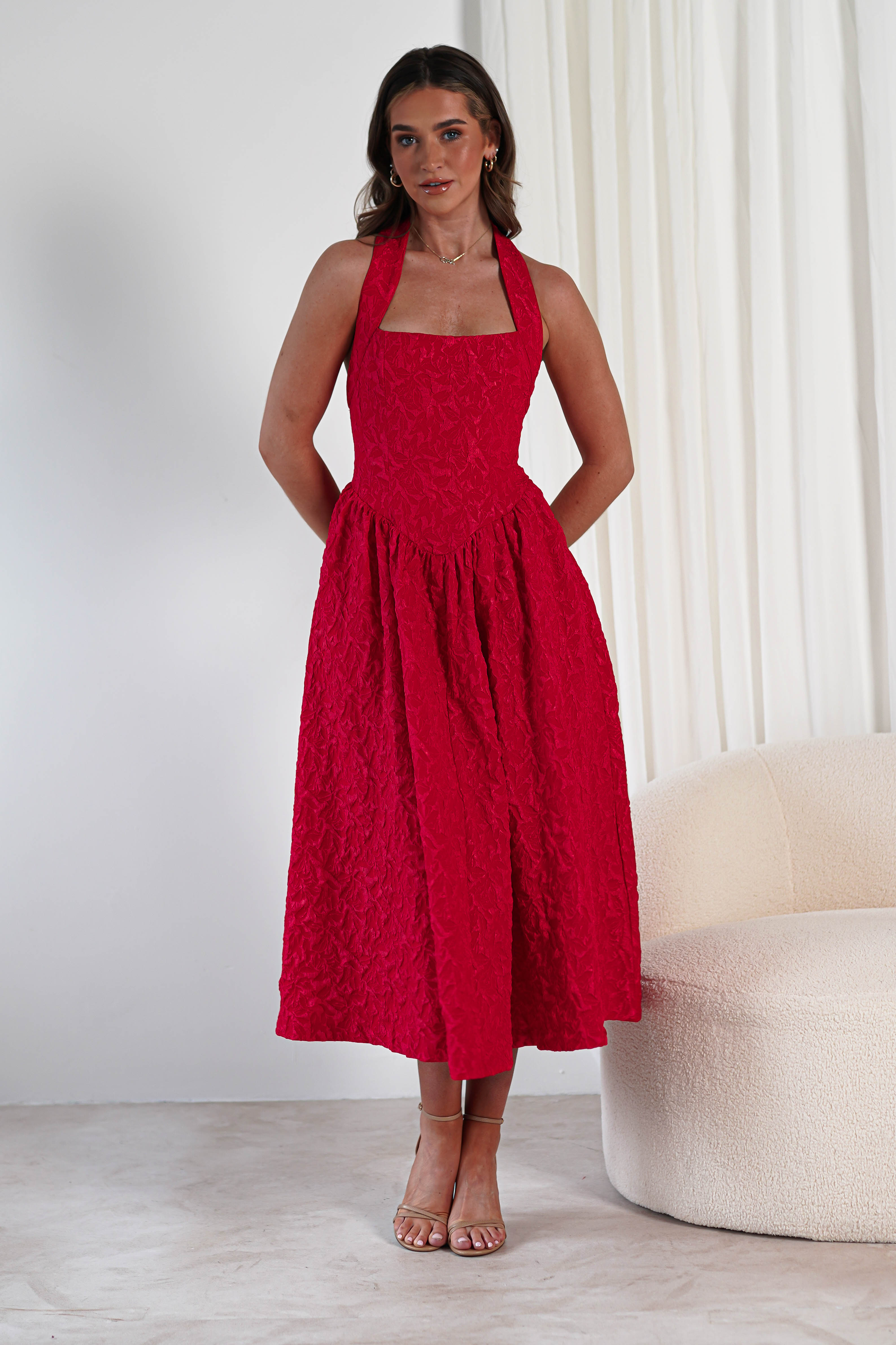 Margot Textured Midaxi Dress | Red | Oh Hello Clothing | S (8)