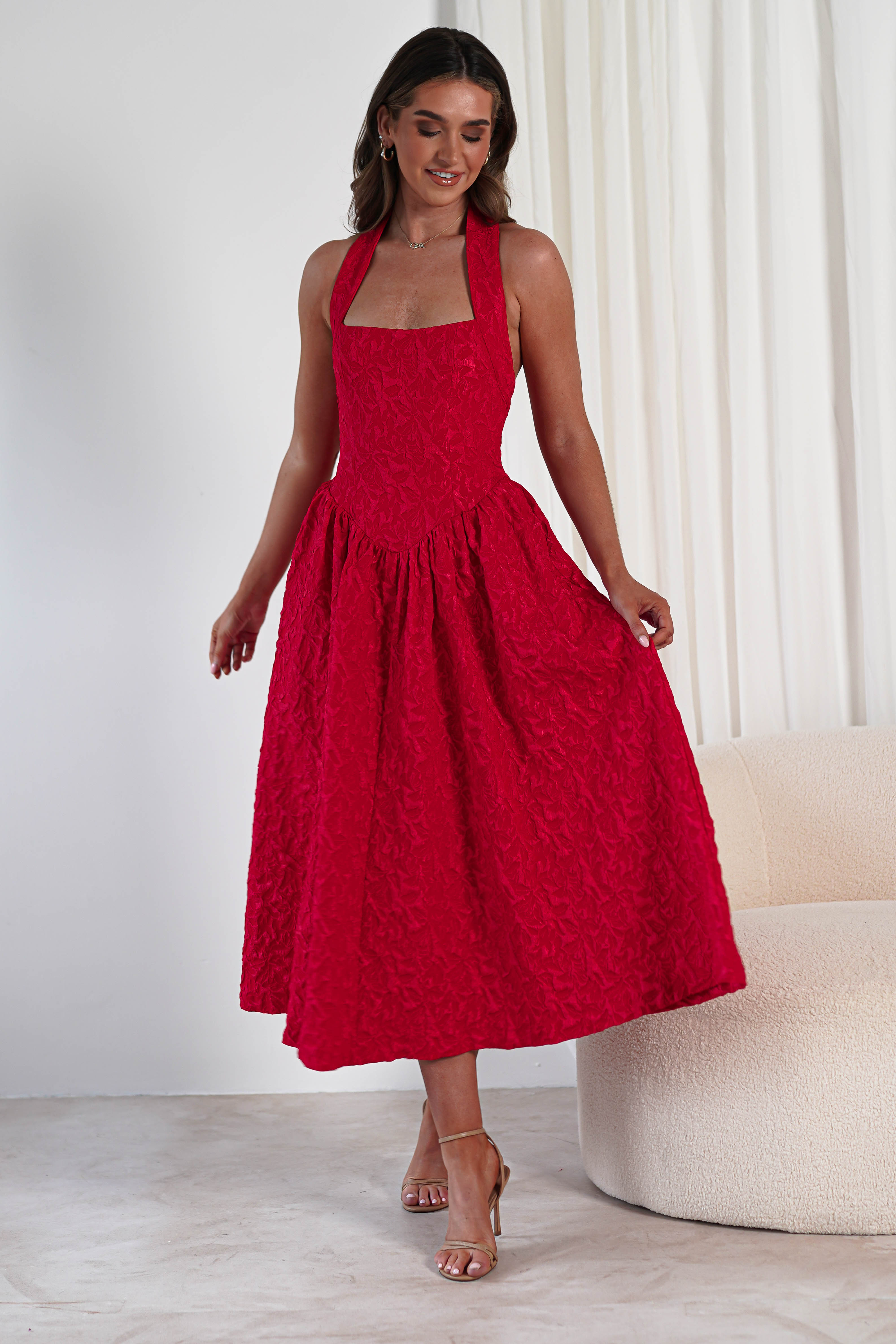 Margot Textured Midaxi Dress | Red | Oh Hello Clothing | S (8)