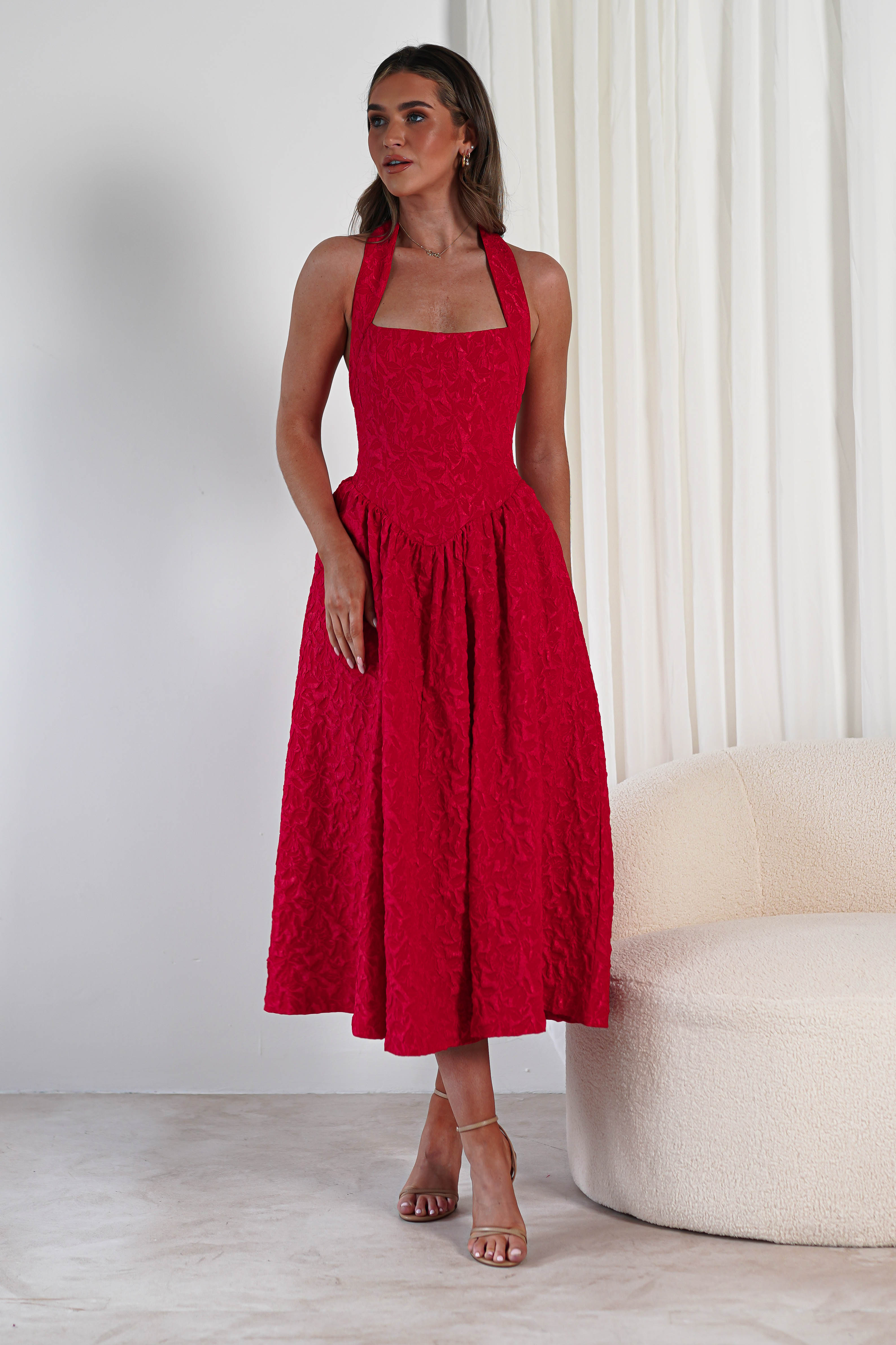 Margot Textured Midaxi Dress | Red | Oh Hello Clothing | S (8)