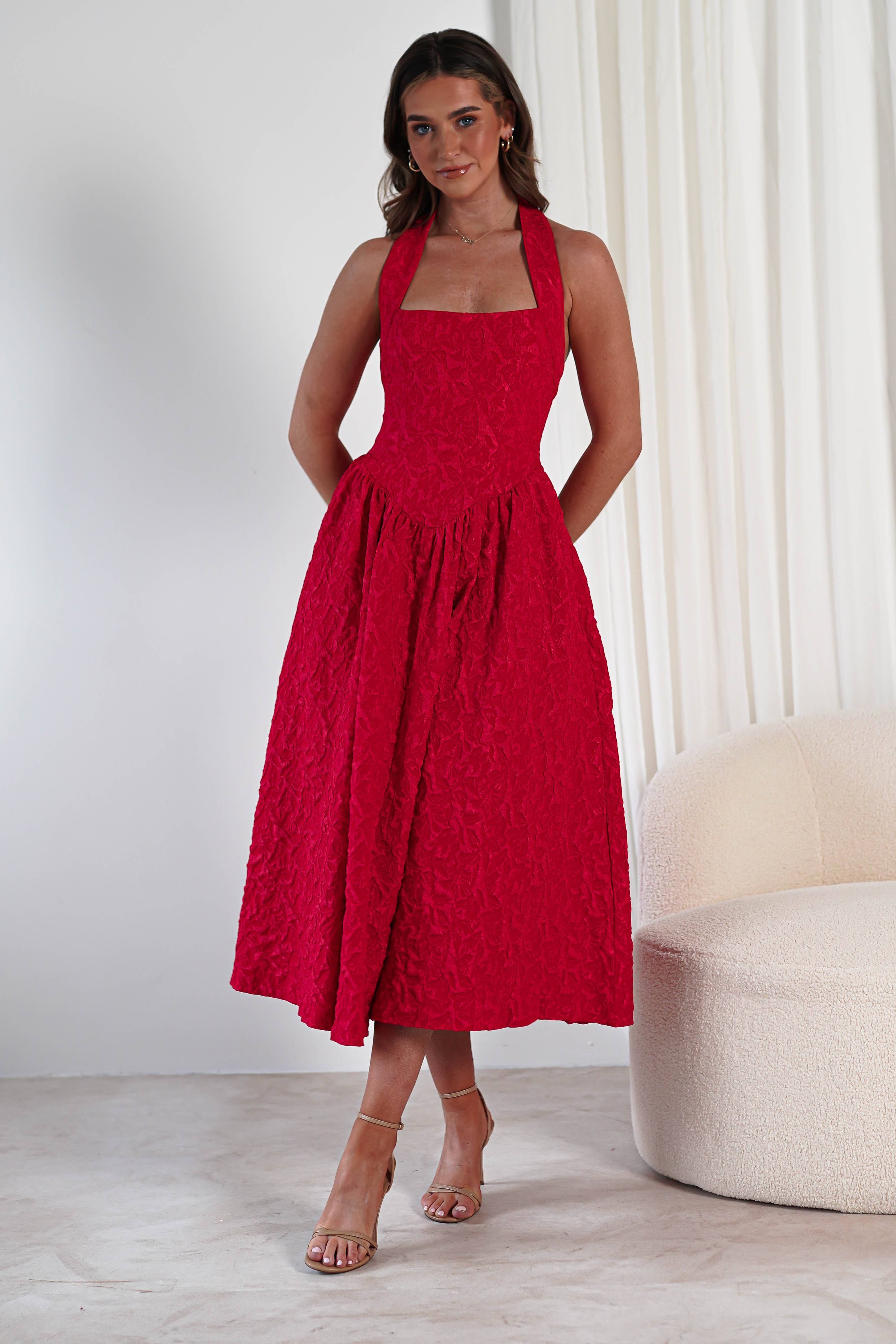 Margot Textured Midaxi Dress | Red | Oh Hello Clothing | S (8)