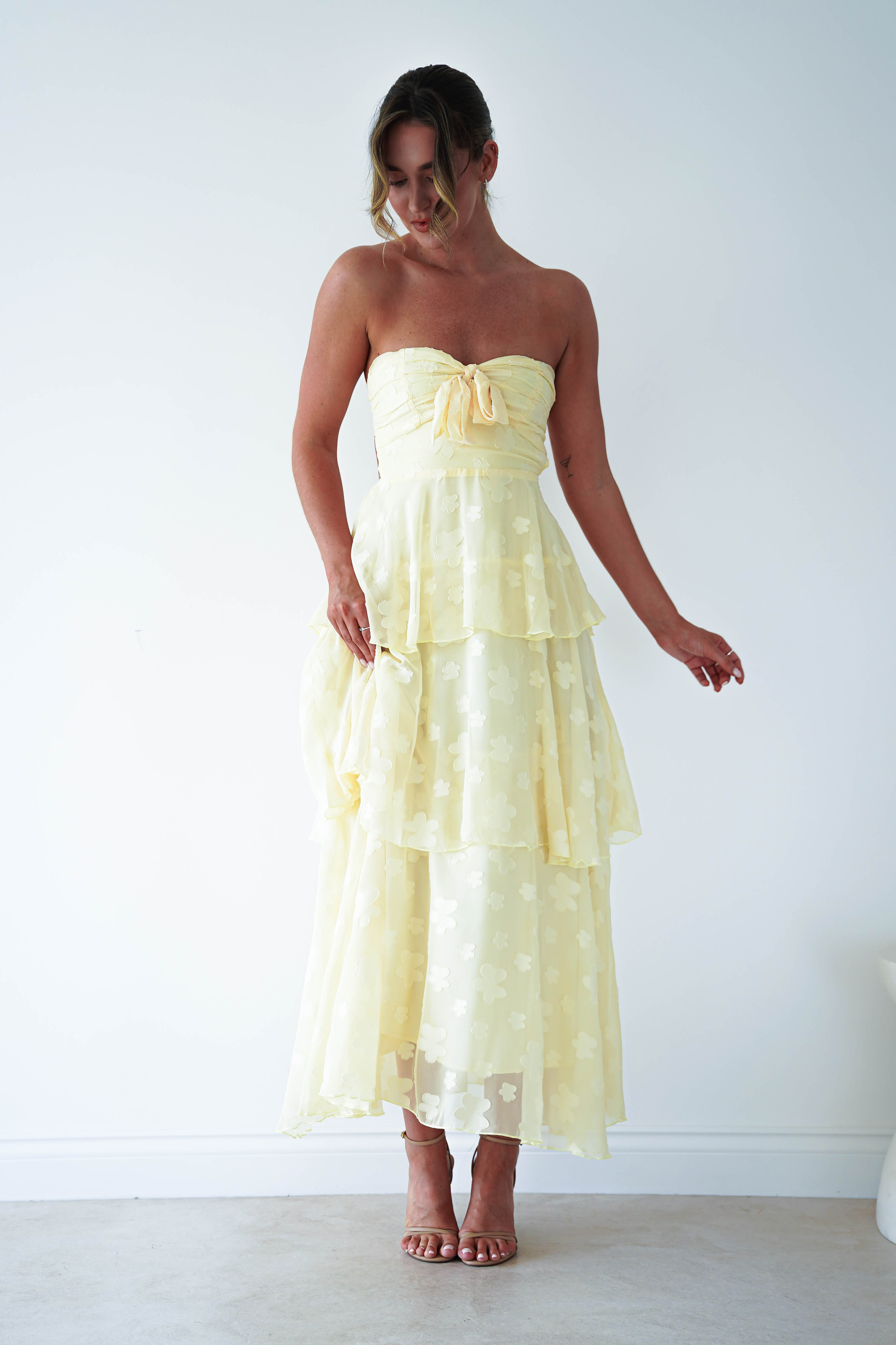Oh Hello Clothing Women > Clothing > Dresses 1 *DONE MD08829-2 YELLOW CHIFFON FLORAL EMBOSSED MIDAXI