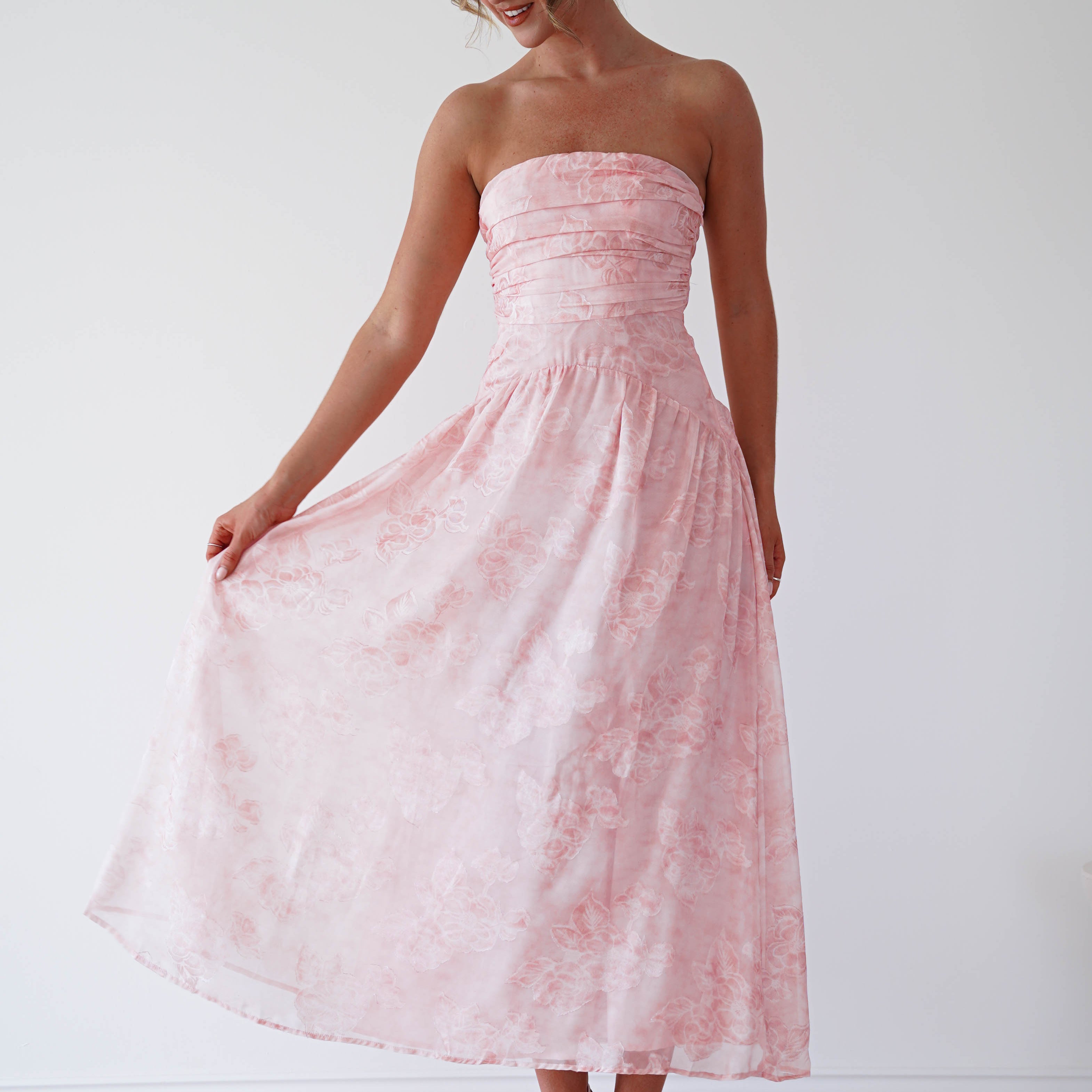 Oh Hello Clothing Women > Clothing > Dresses 1 *DONE MD09737 PINK CHIFFON FLORAL EMBOSSED MIDAXI