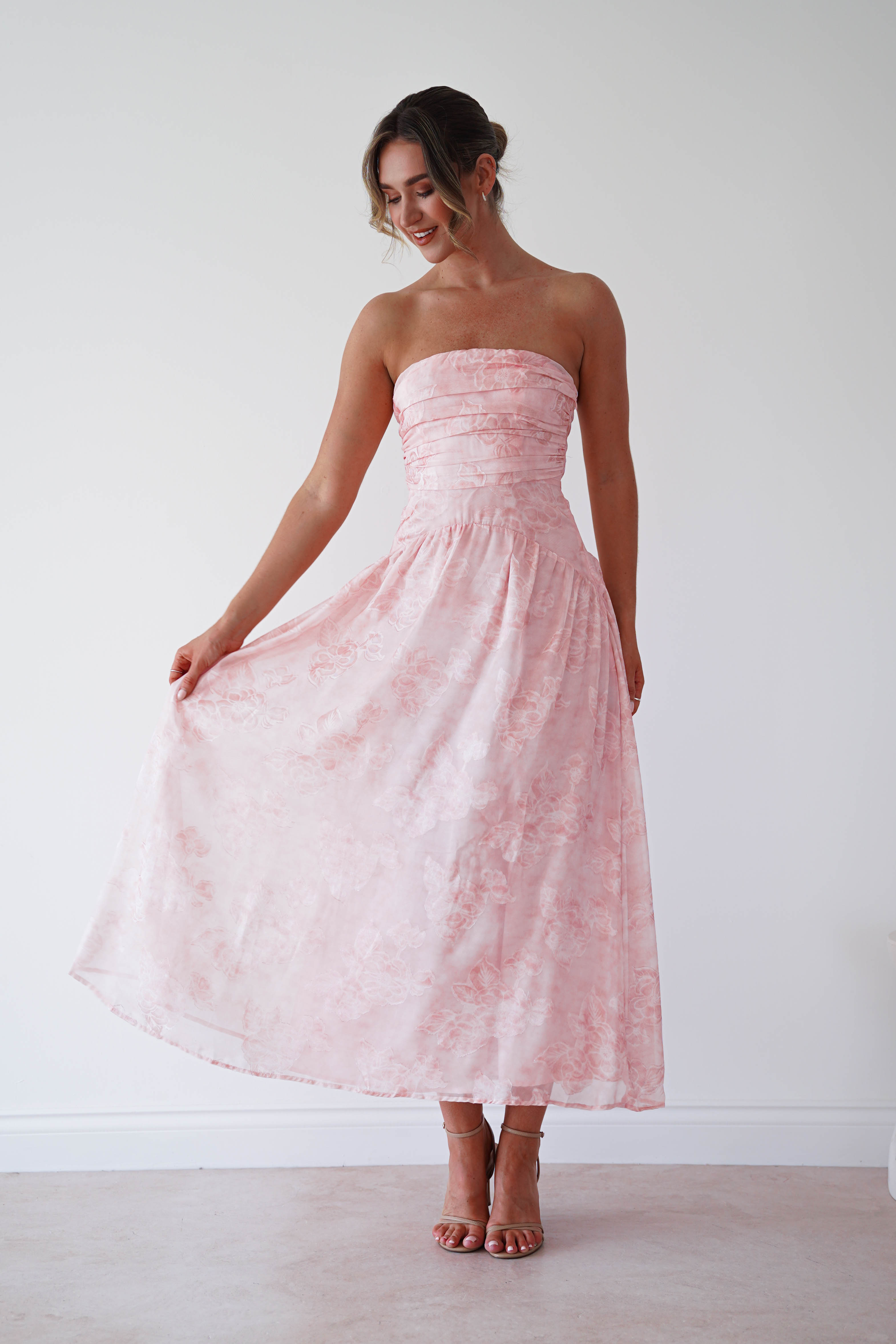 Oh Hello Clothing Women > Clothing > Dresses 1 *DONE MD09737 PINK CHIFFON FLORAL EMBOSSED MIDAXI