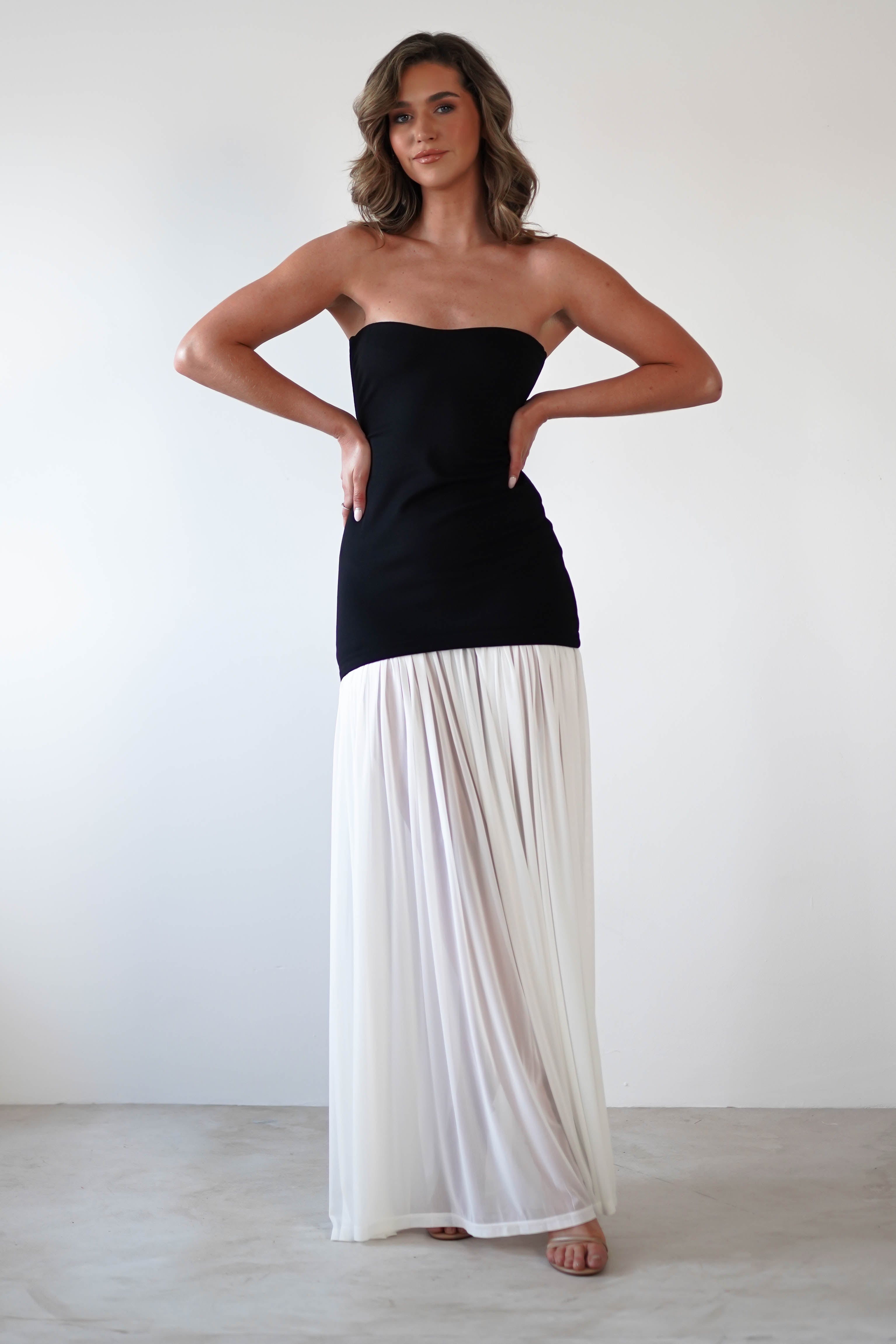 Mel Strapless Chiffon Skirt Maxi Dress | Black/White - Oh Hello Clothing