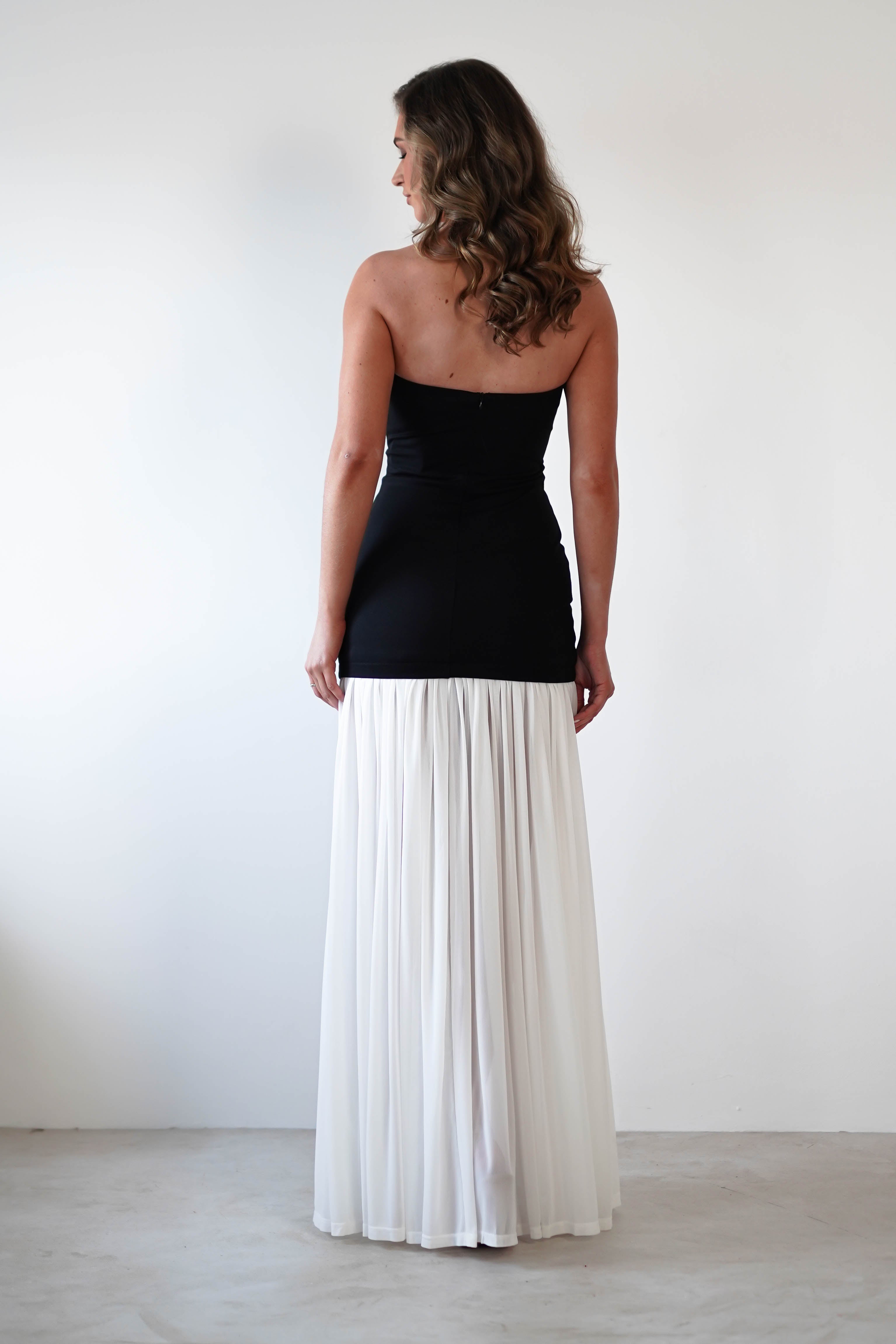 Mel Strapless Chiffon Skirt Maxi Dress | Black/White - Oh Hello Clothing