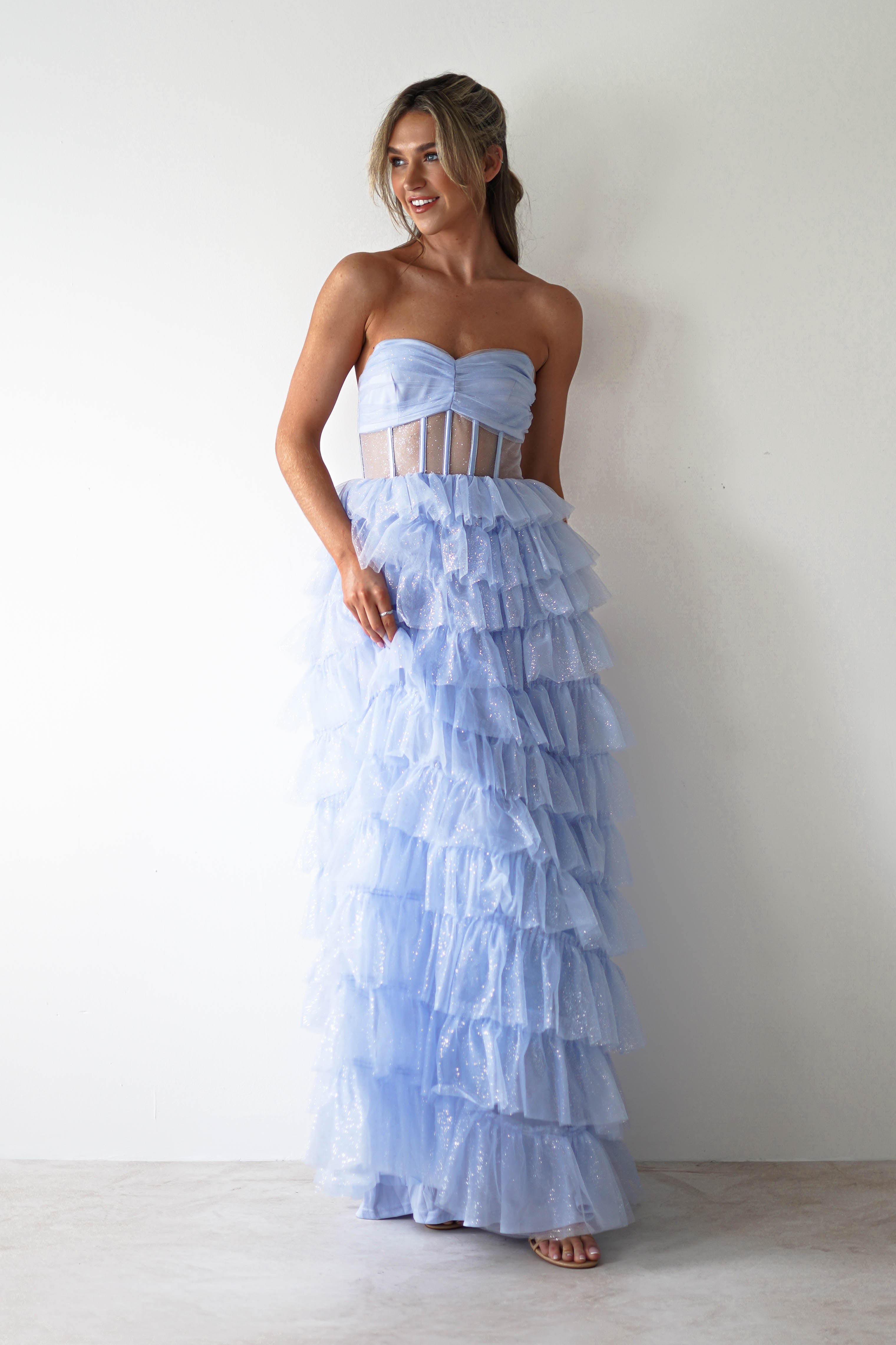 Claudette Ruffle Glitter Maxi Dress | Blue - Oh Hello Clothing