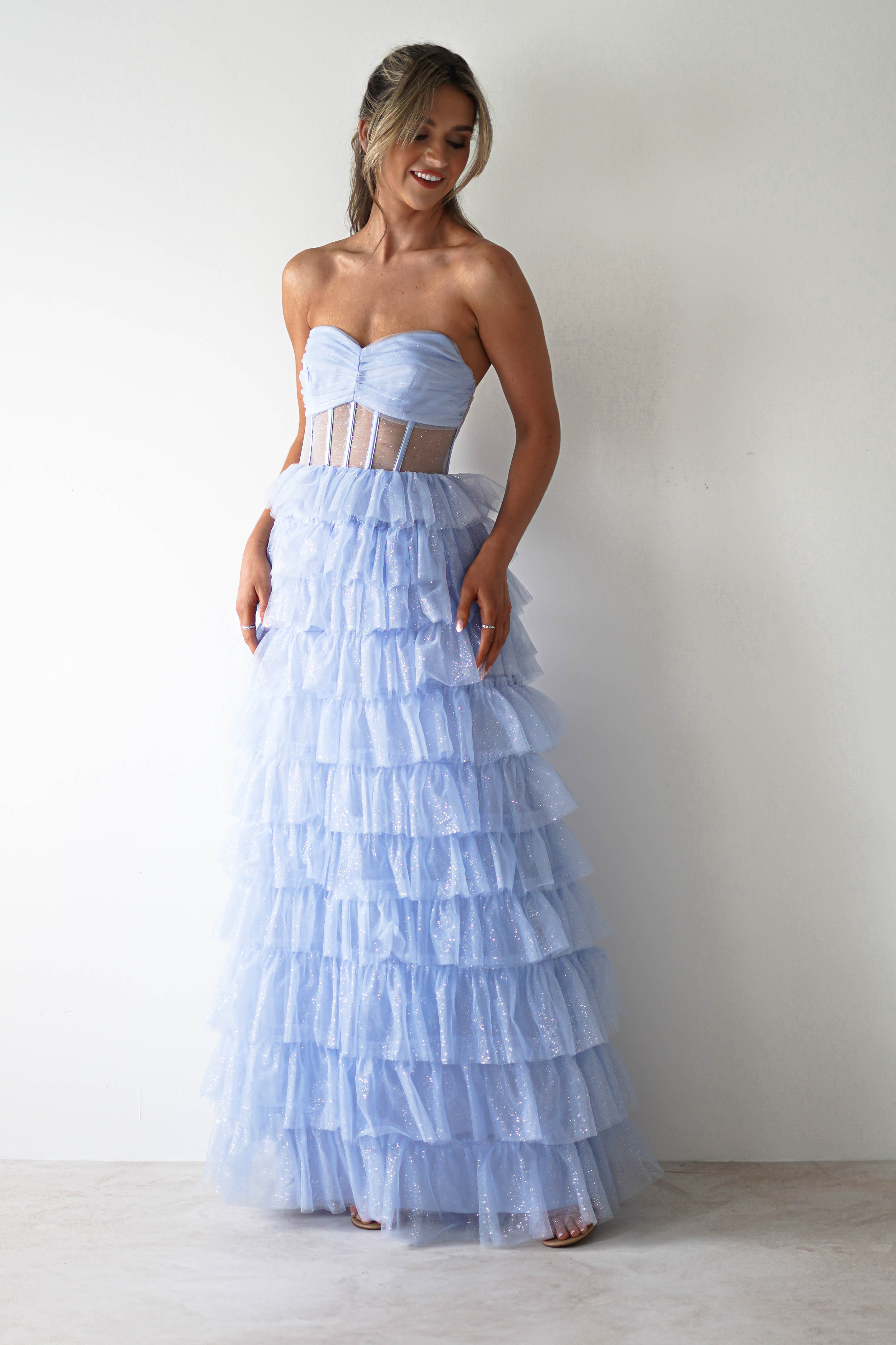 Claudette Ruffle Glitter Maxi Dress | Blue - Oh Hello Clothing