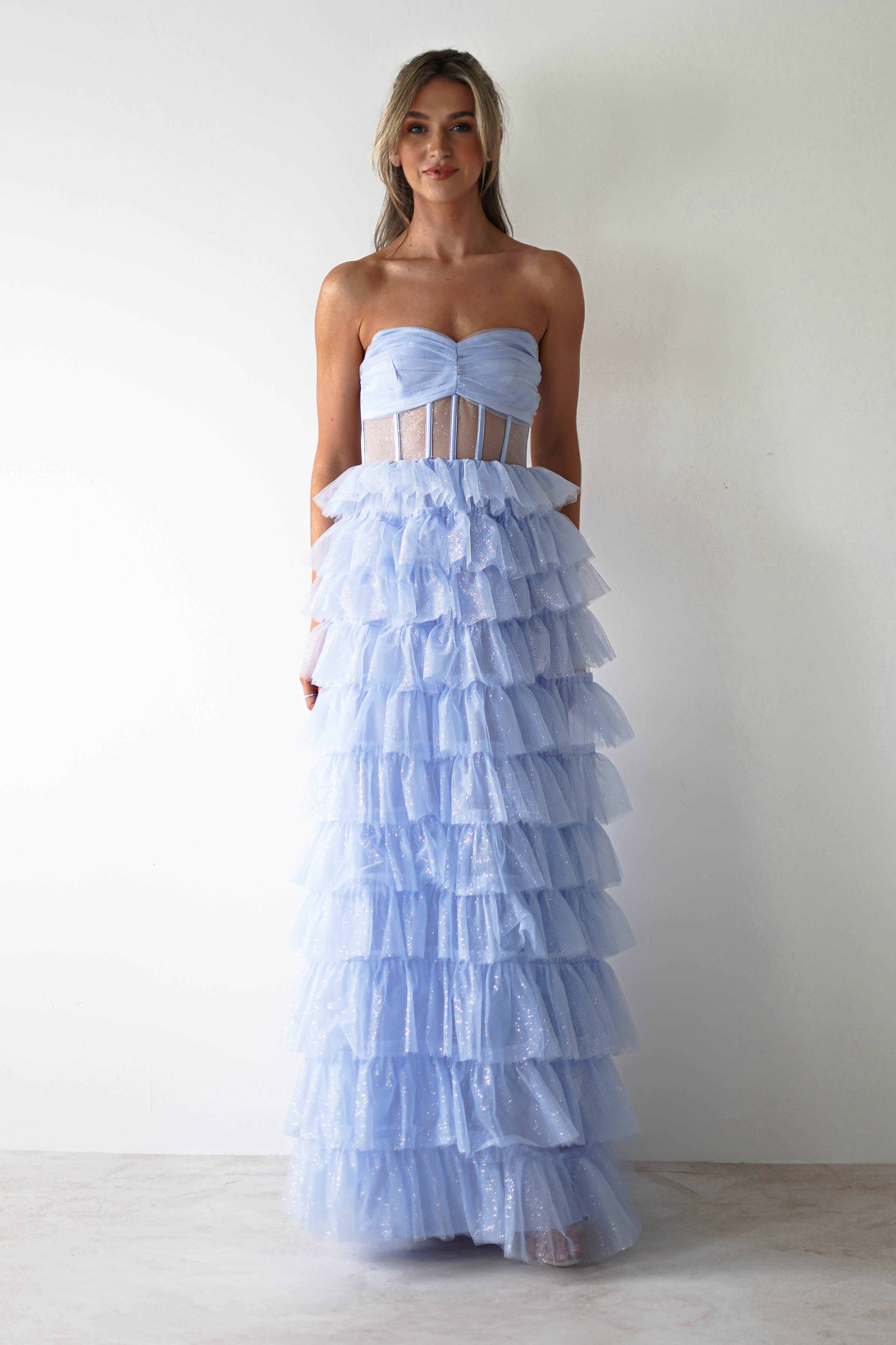 Claudette Ruffle Glitter Maxi Dress | Blue - Oh Hello Clothing