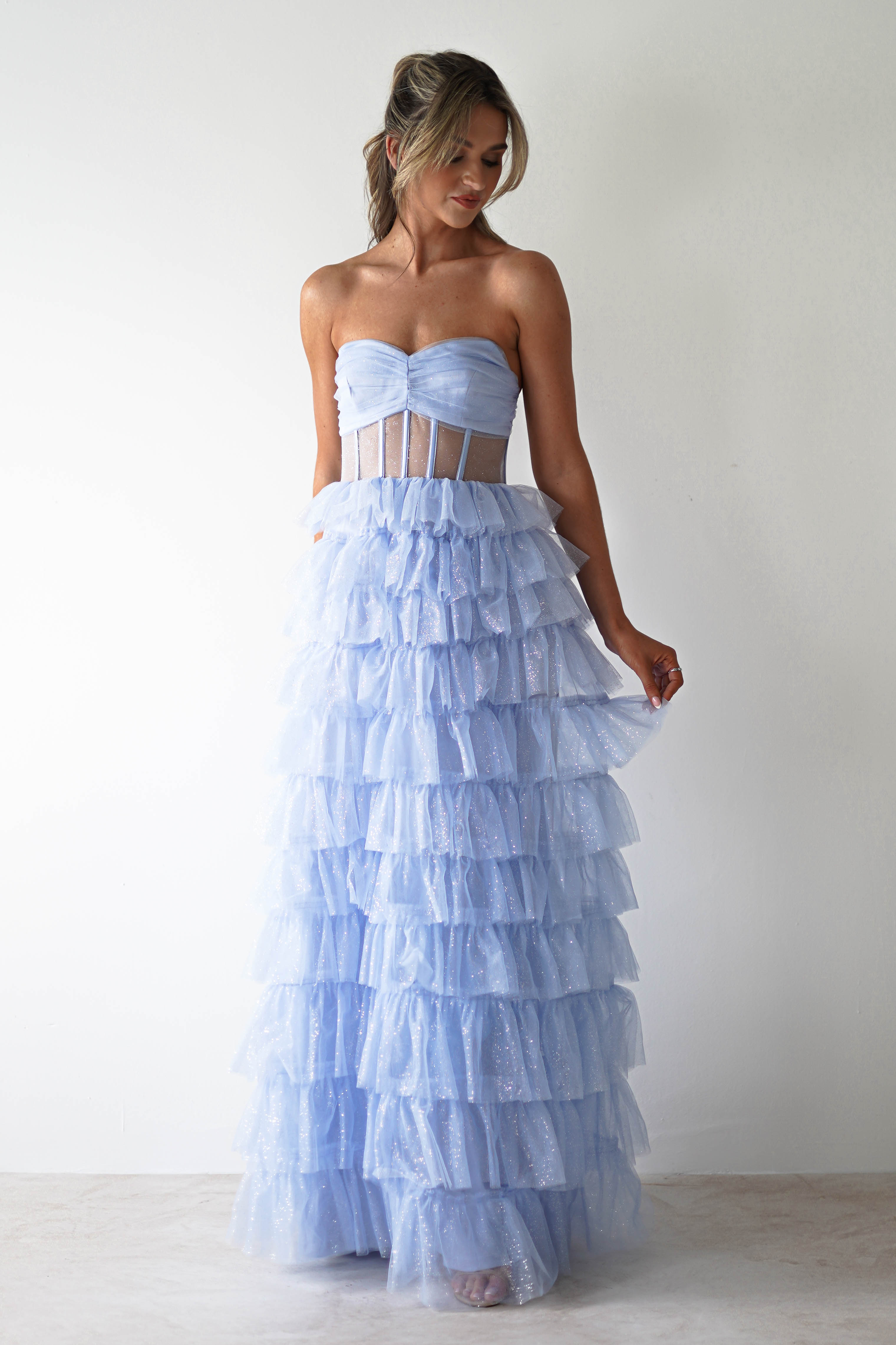 Claudette Ruffle Glitter Maxi Dress | Blue - Oh Hello Clothing