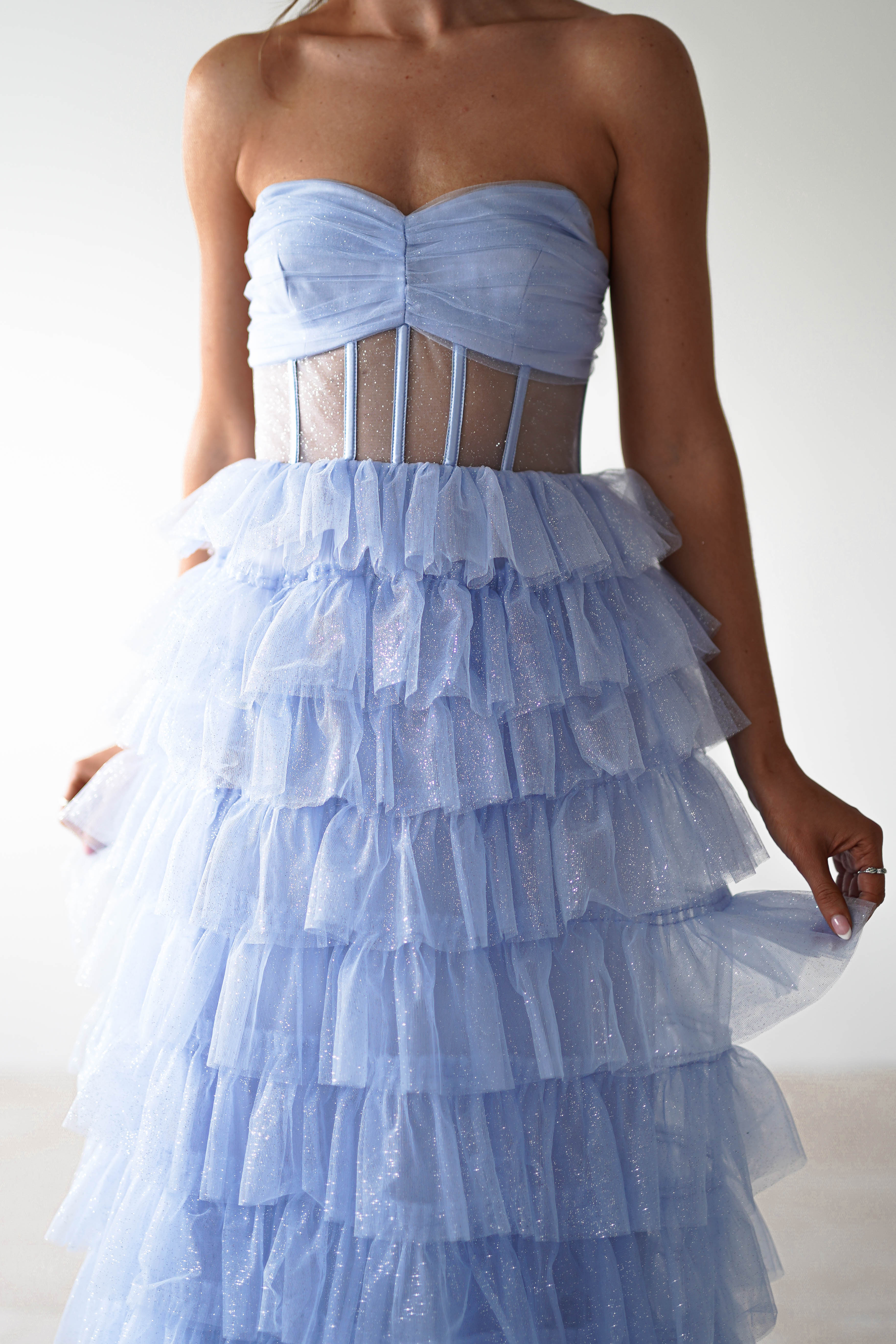 Claudette Ruffle Glitter Maxi Dress | Blue - Oh Hello Clothing