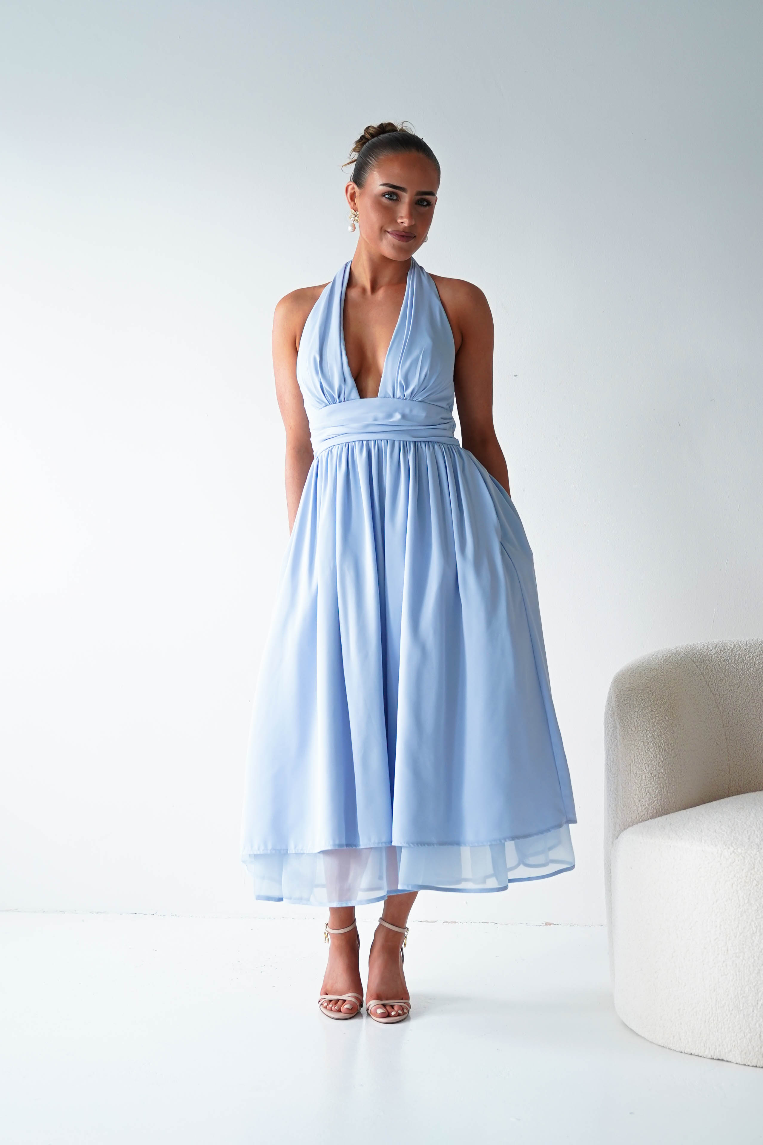 Oh Hello Clothing Women > Clothing > Dresses 1*DONE-MF23143-Blue Halterneck Midi Dress