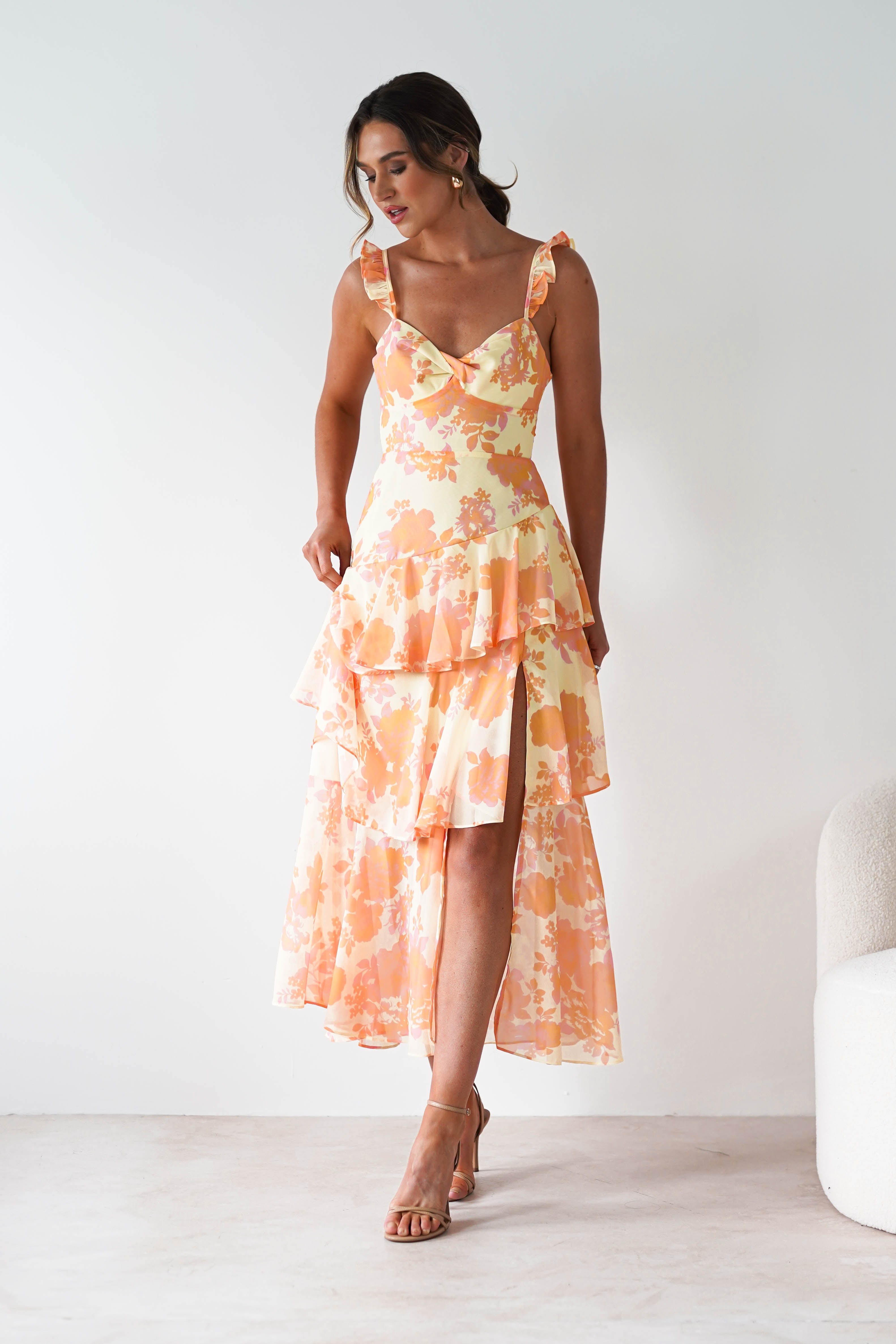 Allie Ruffle Floral Maxi Dress | Yellow/Peach | Oh Hello Clothing | XS (6)