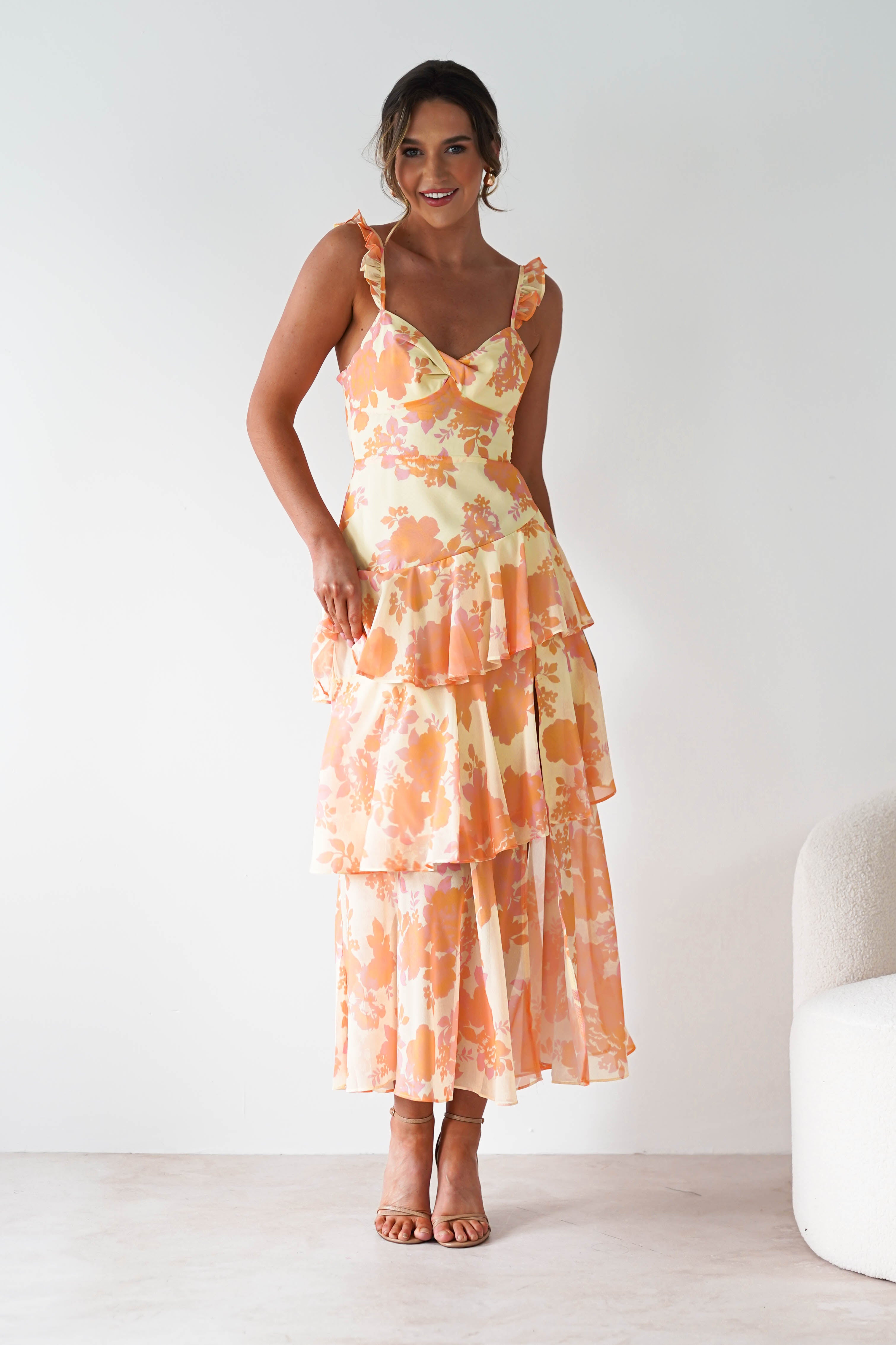 Allie Ruffle Floral Maxi Dress | Yellow/Peach | Oh Hello Clothing | XS (6)