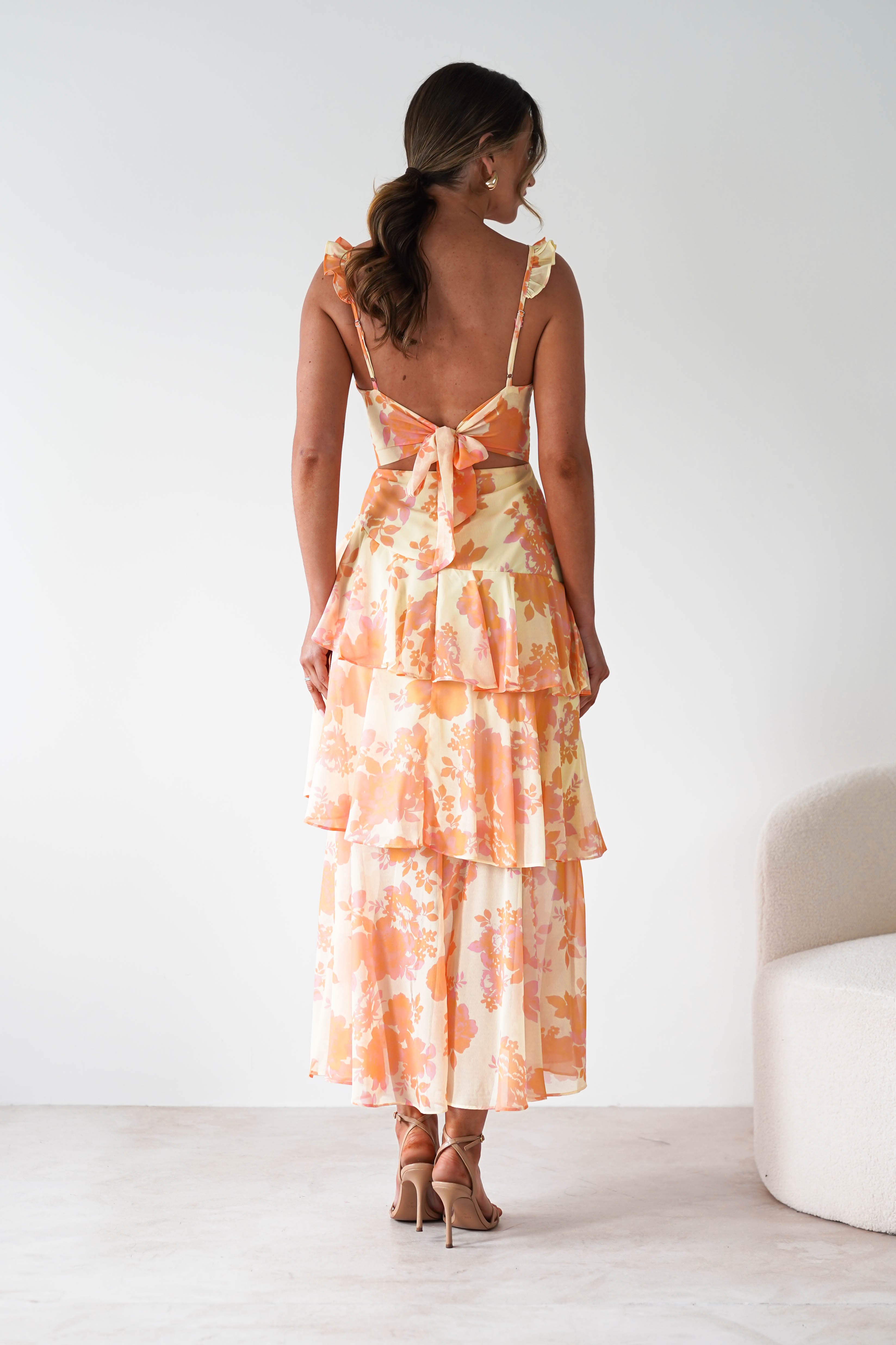 Allie Ruffle Floral Maxi Dress | Yellow/Peach | Oh Hello Clothing | XS (6)