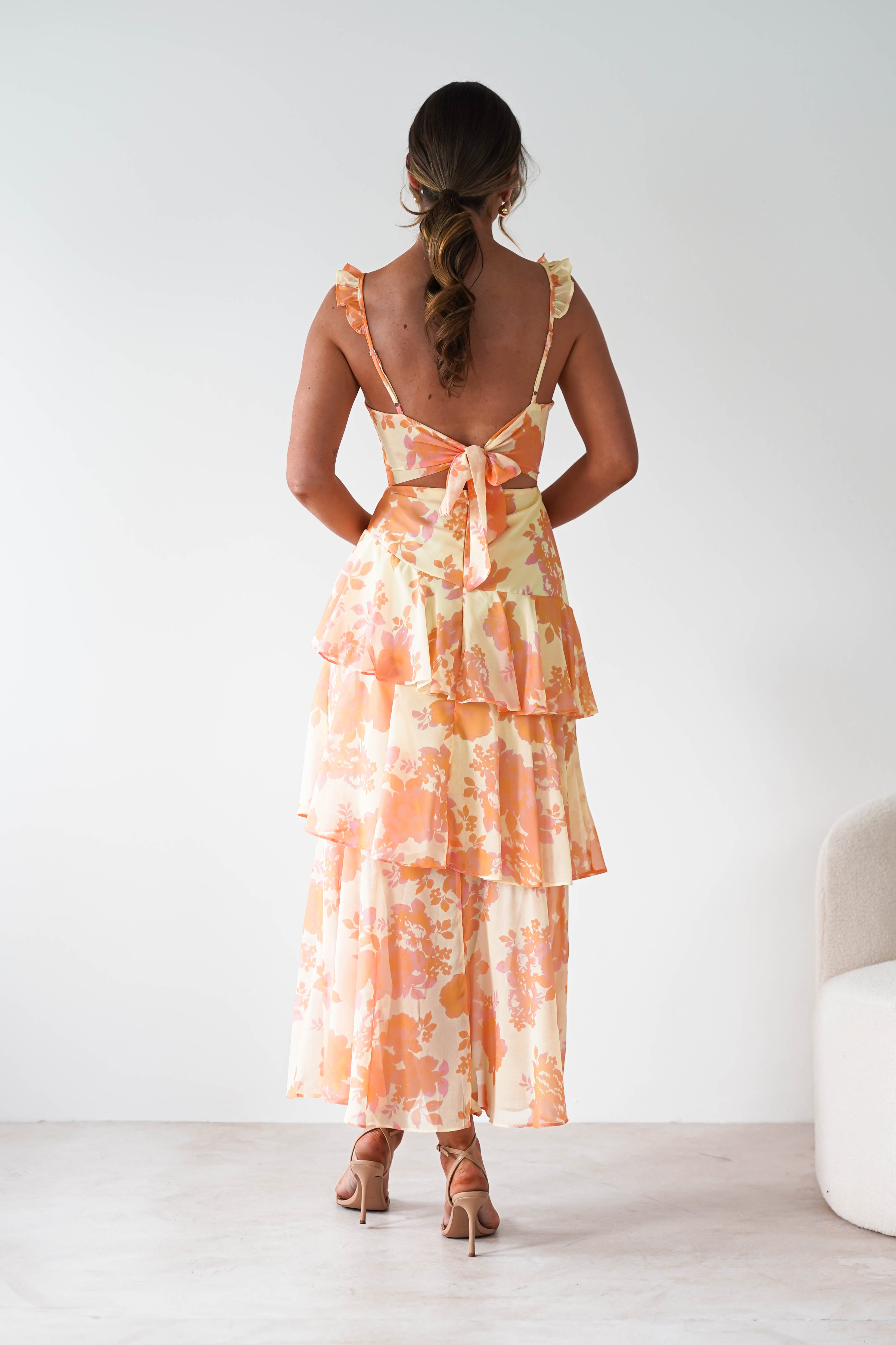 Allie Ruffle Floral Maxi Dress | Yellow/Peach | Oh Hello Clothing | XS (6)
